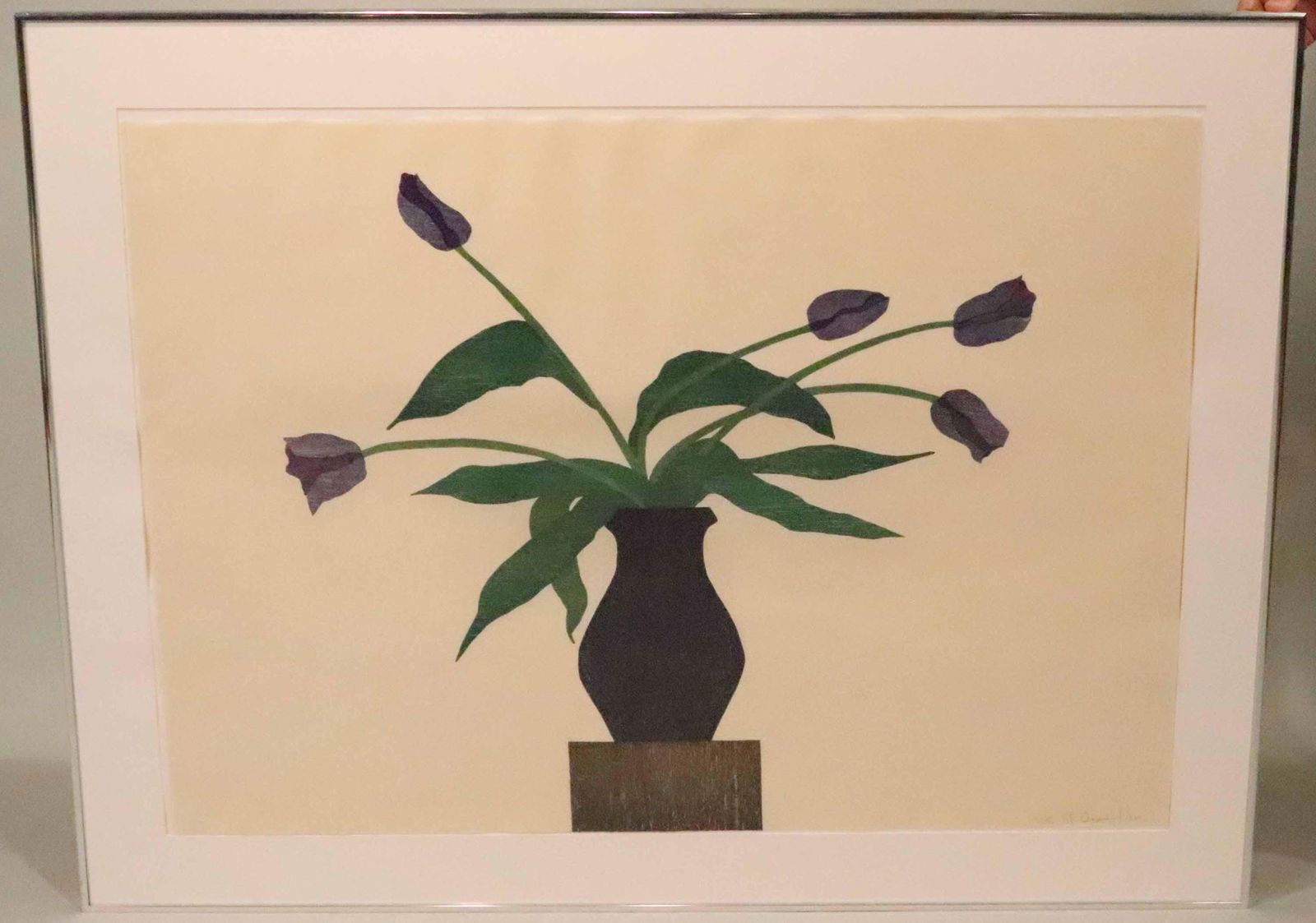 Aquatint Woodcut, "The Blue Tulips", Ed Baynard: (b. 1940) signed l.r. and dated 1980, numbered 62/70. 29-7/8"h x 41-7/8"w