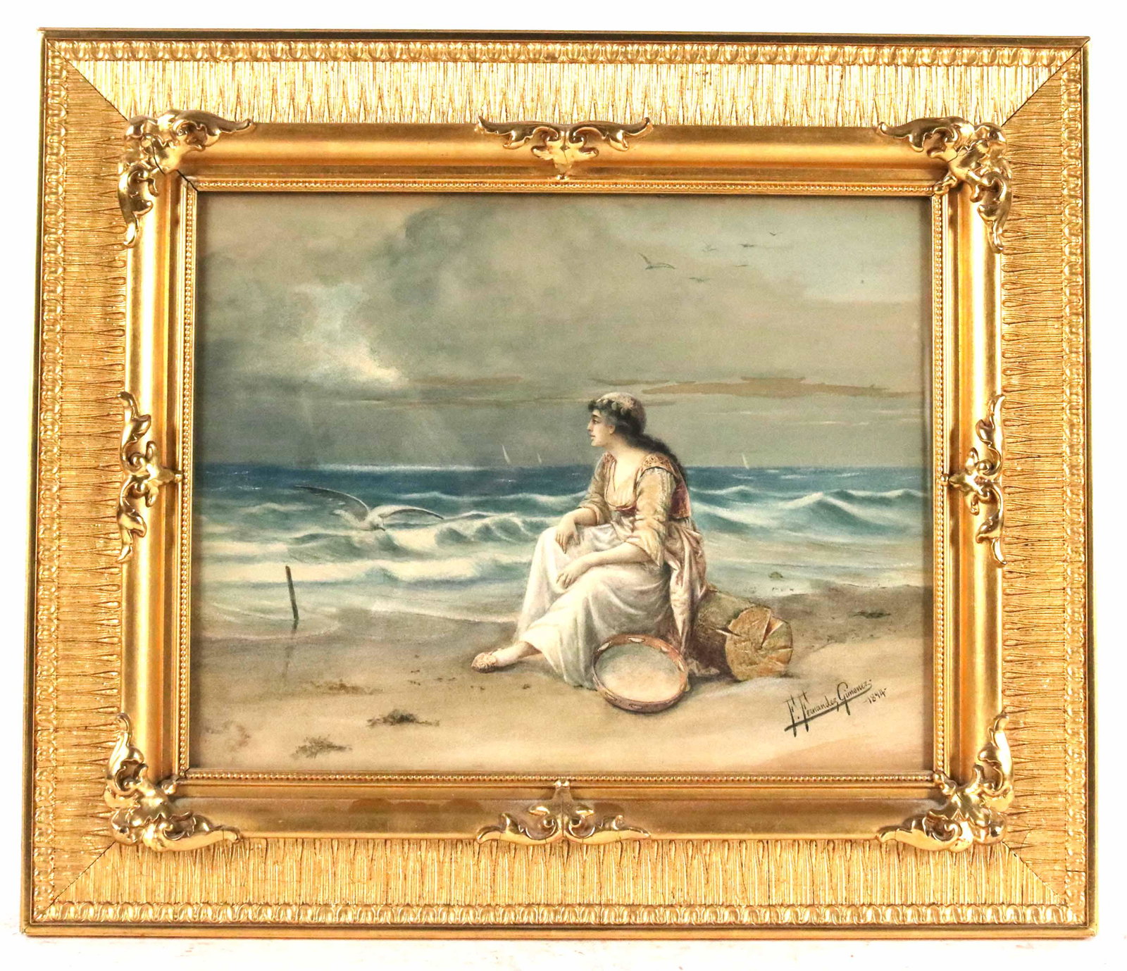 Watercolor, Portrait of Woman, Fernandez Gimenez: Federico Fernandez y Gimenez (Spanish, 1841-1931) portrait of a woman seated by the sea with tambourine, signed l.r. and dated 1894. Sight size: 10-1/2"h x 13-1/2"w Overall: 16-1/2"h x 19-1/2"w Proven