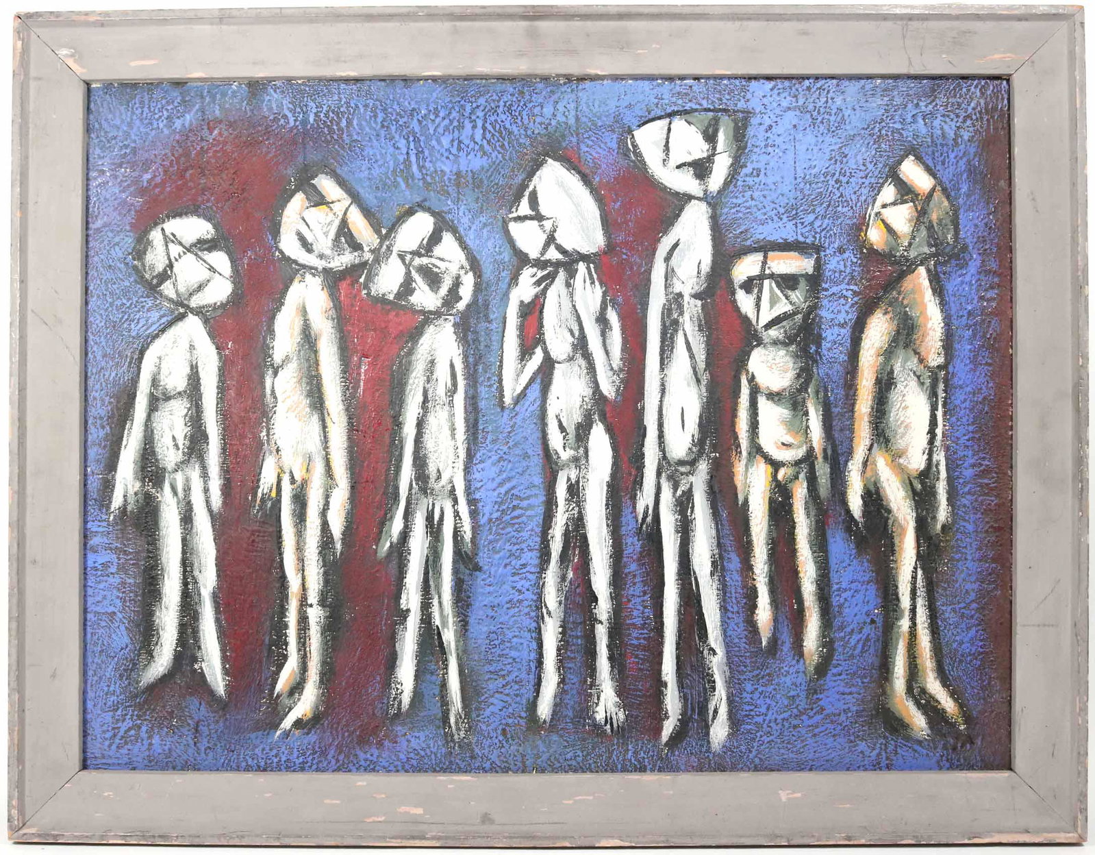 Oil on Board, Jack Orr Smith, "Seven Men": Signed and labeled verso on frame. Sight size: 18"h x 24"w Overall: 21"h x 27"w Provenance: Demoines Art Center, Christie's, New York, July 2017