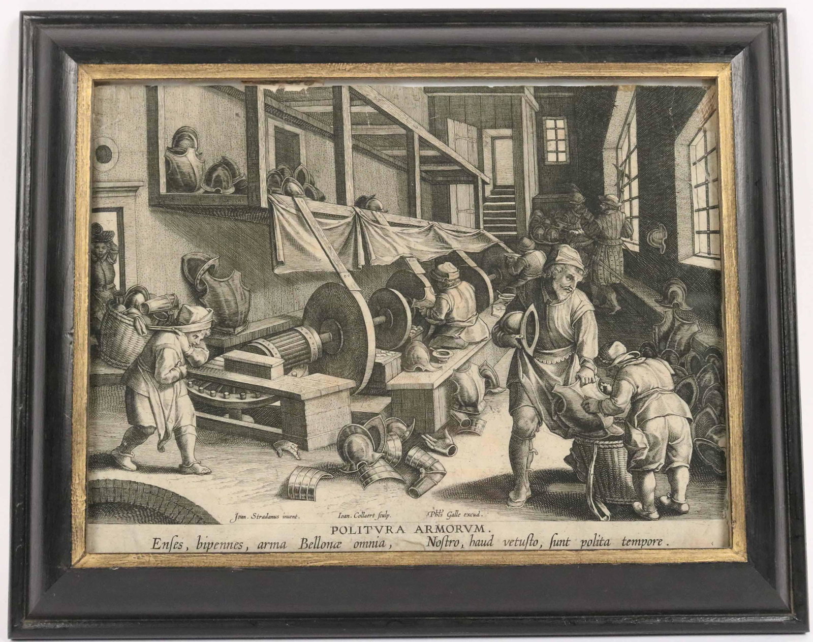Old Master Engraving, Armory, Johanne Stradanus: After Johanne Stradanus with Phillip Galle (1537-1612) publisher, the manufacturing of Armor, Ian Collaert sculptor, 16th C. Tears and losses around edges. Sight size: 7-3/4"h x 10-1/4"w Overall: 10-5