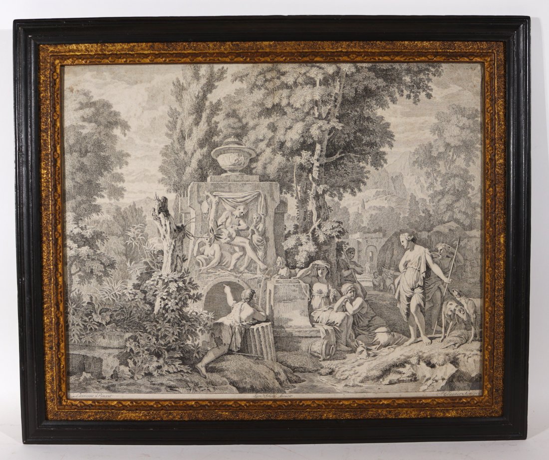 Old Master Etching, Fountain & Diana & Her Nymphs: Signed in plate, Johannes Glauber, after Gerard de Lairesse, 1685-1689) also marked in plate, Leon Schenk, Excuit, central fold mark. Sight size: 16-1/4"h x 20-1/4"w Overall: 20-5/8"h x 24-7/8"w Prove
