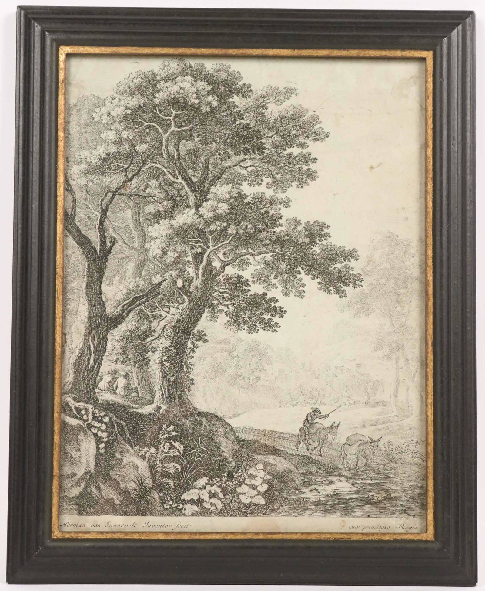 Old Master Etching, Forest Scene with a Couple: Forest scene with a young couple, two donkeys, and a man, inscribed "Herman van Swanevelt" (Dutch, 1600-1655) inventor fecit and cum previlgius regis. Sight size: 12-1/8"h x 9"w Overall: 14-3/4"h x 11