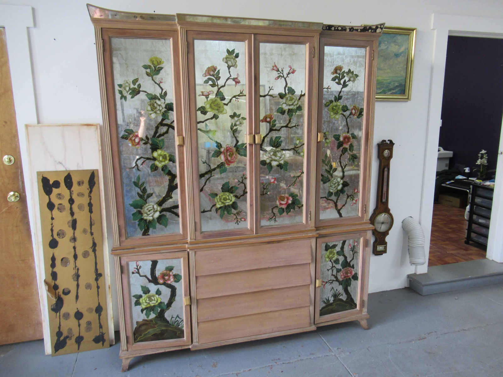 Reverse Painted Mirrored Breakfront China Cabinet (1 of 7)