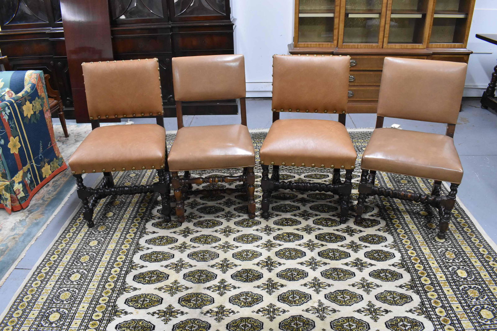 4 Antique Jacobean Style Leather Side Chairs (1 of 10)