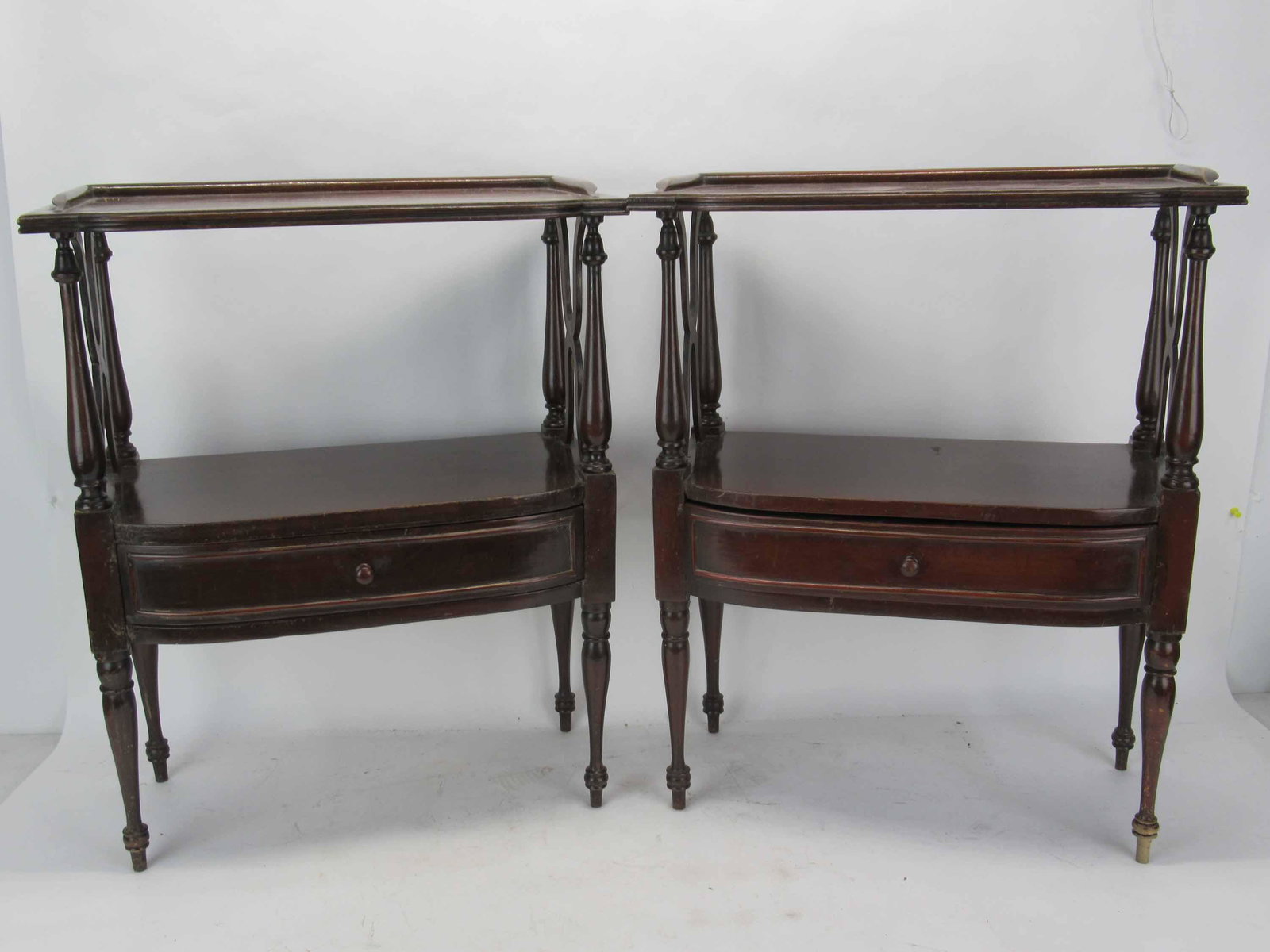 Pair of Mahogany One-Drawer Nightstands: Pair of Mahogany One-Drawer Nightstands. Scratches and wear to top, stains. 24-1/4"h x 19-1/2"w x 10-3/4"d