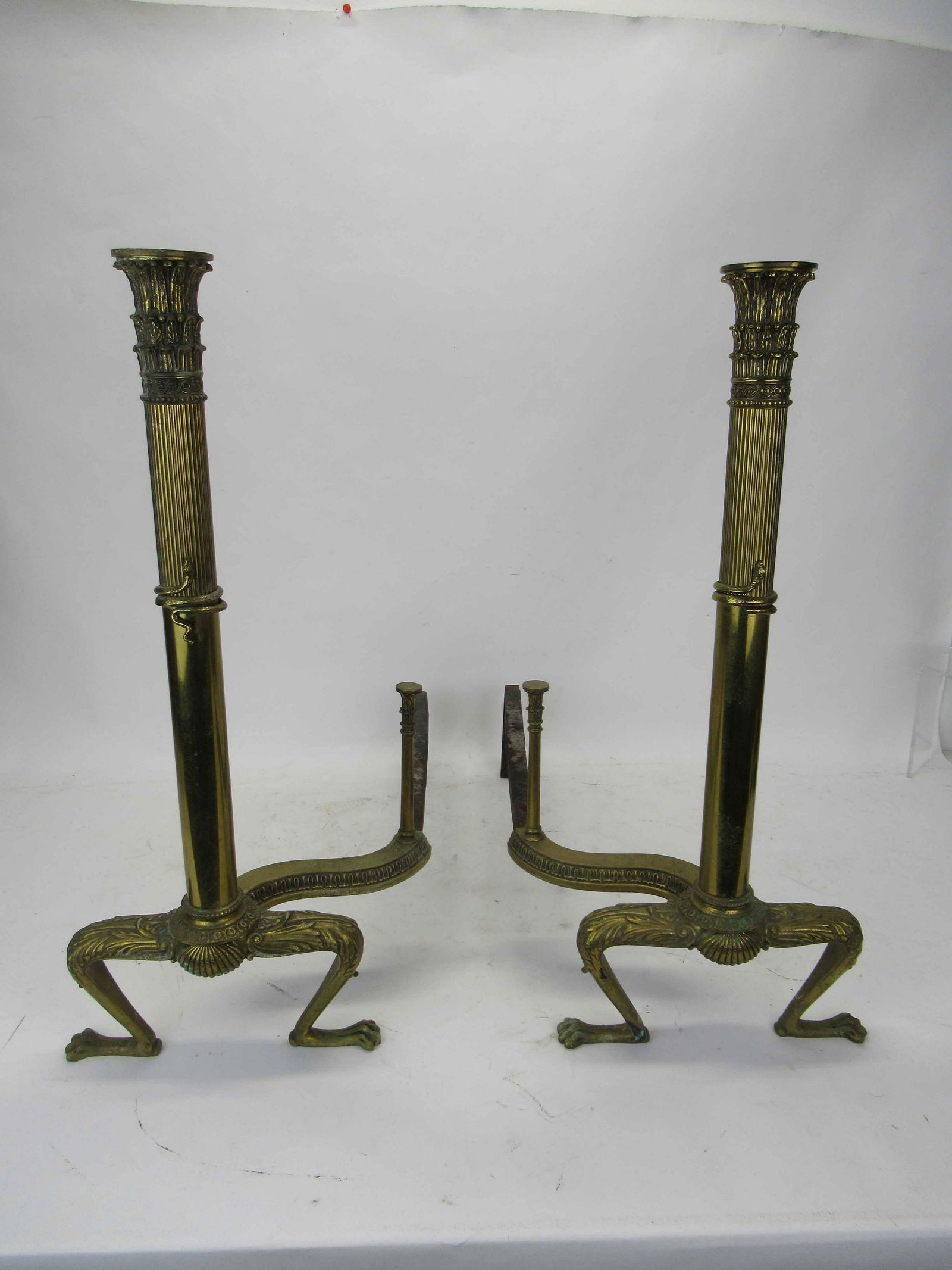 Pair of Neoclassical Column Form Brass Andirons (1 of 8)