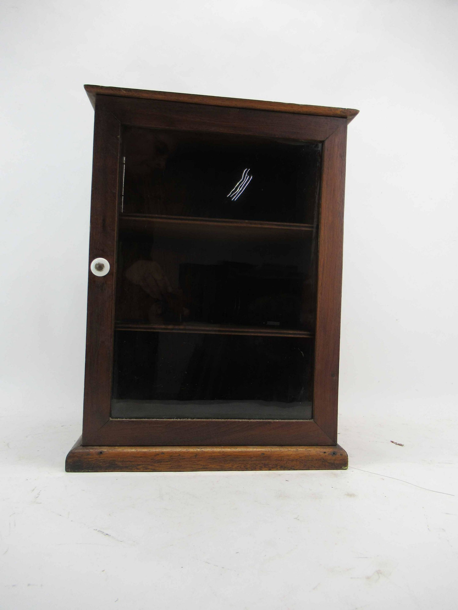 Antique 3 Shelf Wood Apothecary Display Cabinet: Antique 3 Shelf Wood Apothecary Display Cabinet with glass door, shelves are fixed; used condition, wear/worn, scratches, nicks, splits to wood, measures 20” high x 15” long x 10 ¾&