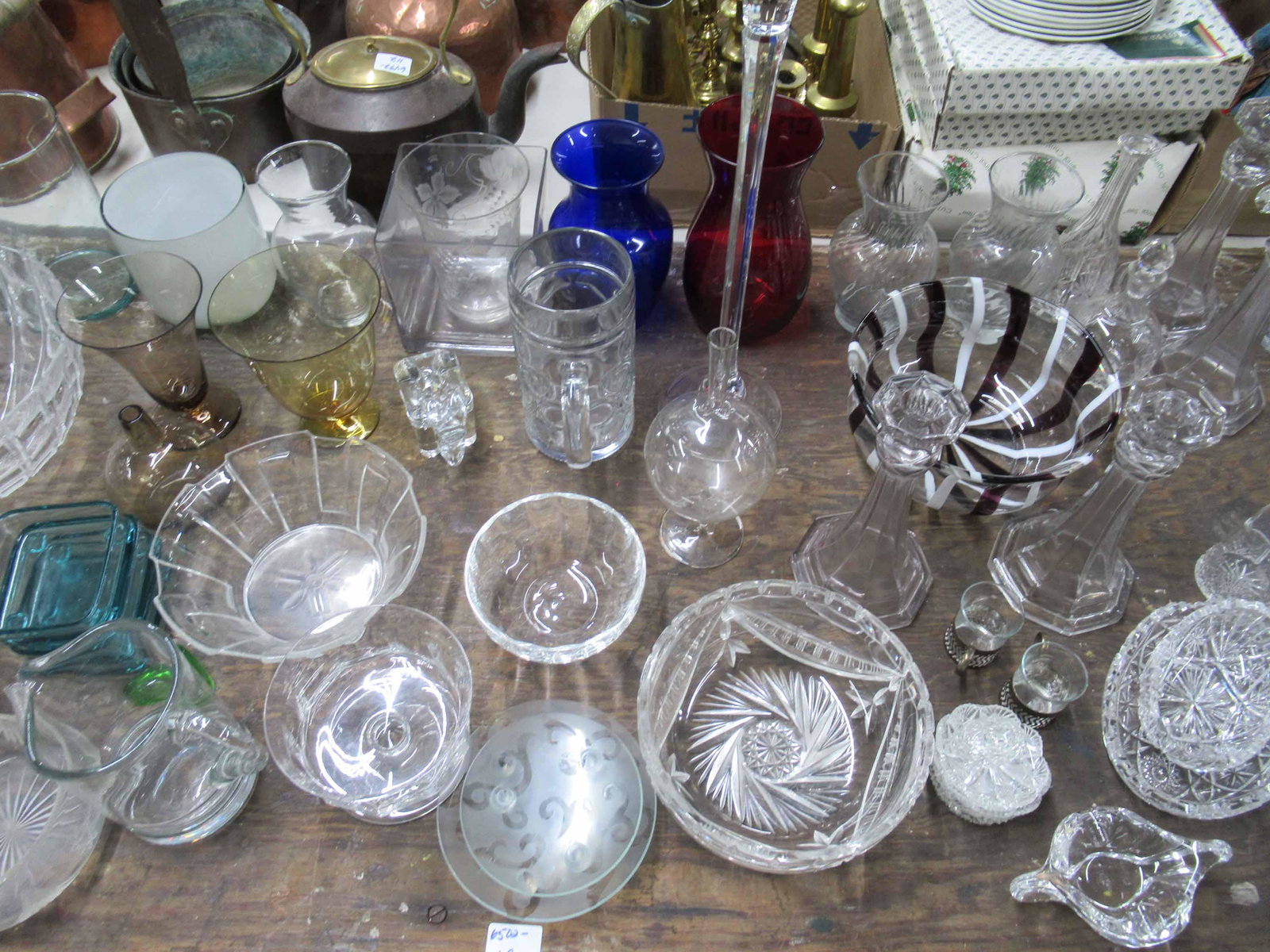 Group of Assorted Glass Table Articles: Group of Assorted Table Articles including stemware comprising of champagne flutes and wine glasses, glass and crystal serving bowls, glass vases of various shapes and sizes, cut and pressed glass ite