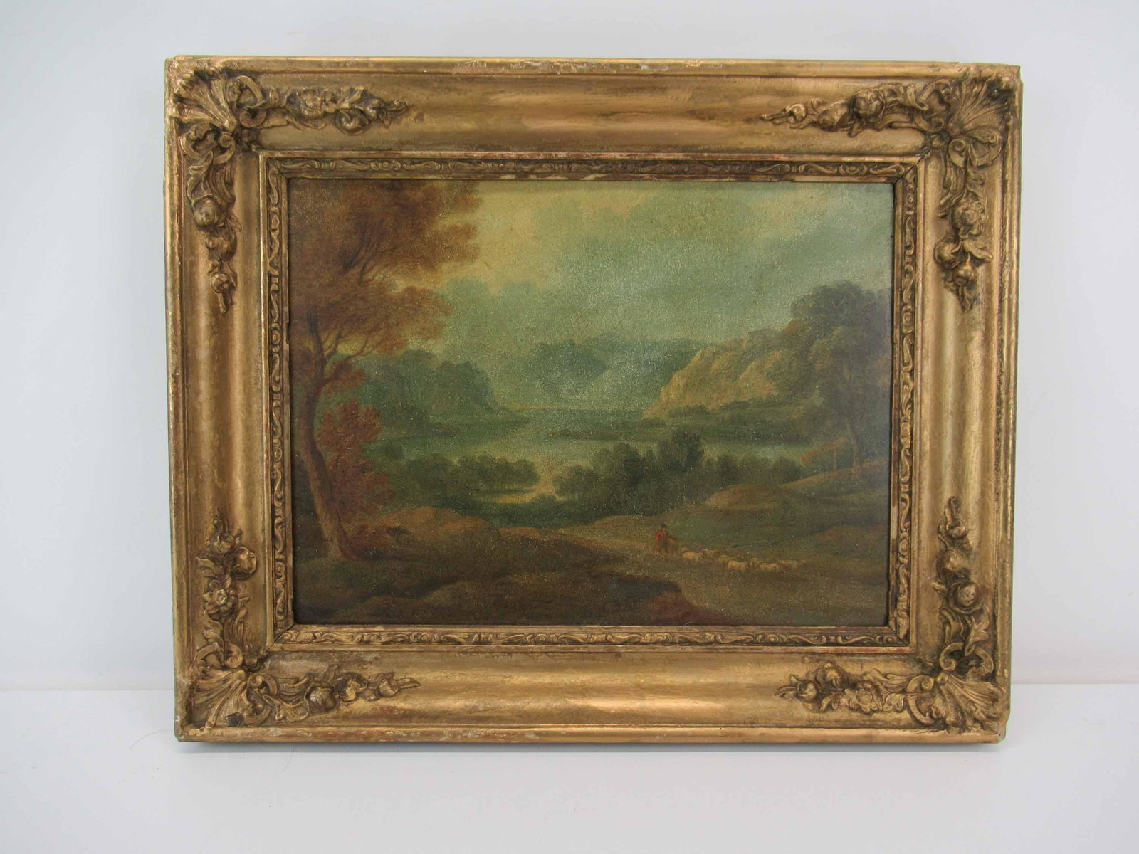 Antique Oil on Board Georgian Landscape: Antique Oil on Board of Georgian Landscape. Depicting sheppard with his sheep in period gilt frame. Used condition, faded, 16 1/2" x 13 1/4"