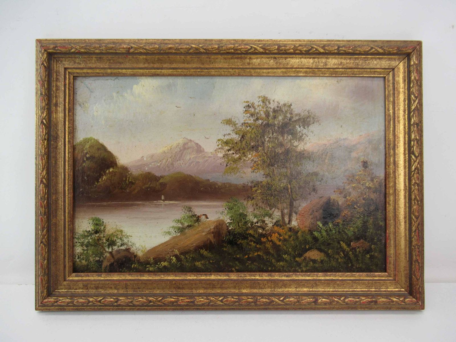 Antique Hudson River School Style River Landscape: Antique Hudson River School Style River Landscape on board. Used condition. Framed Size 14 1/4" x 9 7/8"