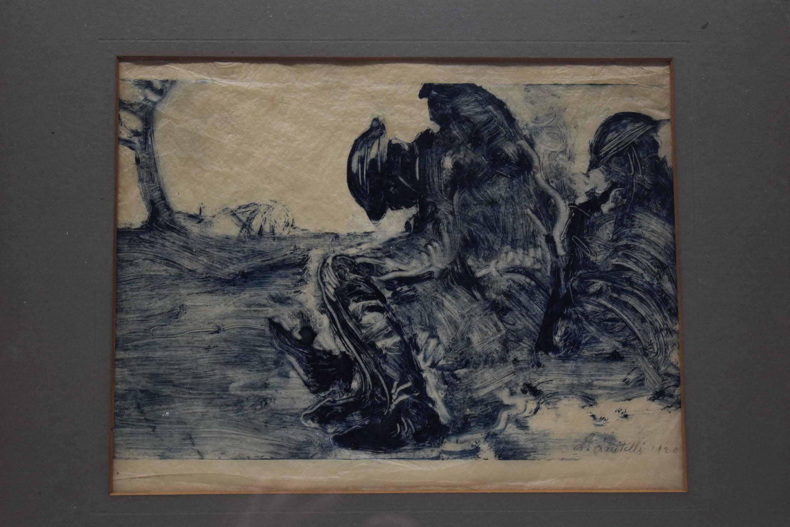 Painting on Paper Attributed to Leo Lentelli: Painting on Paper Attributed to Leo Lentelli depicting soldiers resting, signed lower right L. Lentelli 1920. Used condition, wear, worn not examined outside frame. Framed size 18" x 15 1/2"