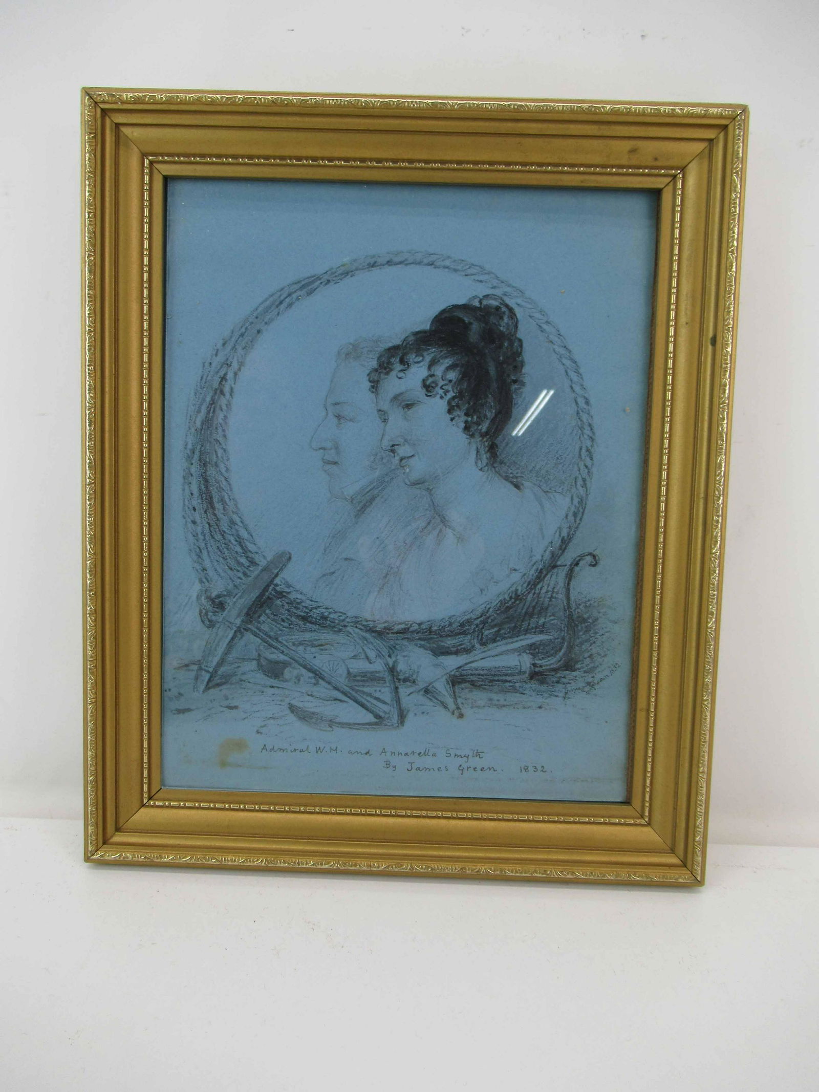 Antique Pencil Sketch of Admiral W. M. Smyth: Antique Pencil Sketch of Admiral W. M. and Annabella Smyth by James Green 1832. Used Condition. Framed size 11 3/4" x 9 3/4"