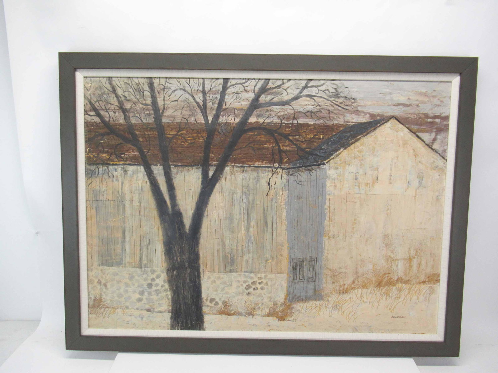 Homer Hill Tempera on Board Barn and Tree: Tempera on board depicting Barn and Tree signed lower right by 20th c. artist Homer Hill; used condition, wear/worn, paint loss, frame measures 39" long x 29" high