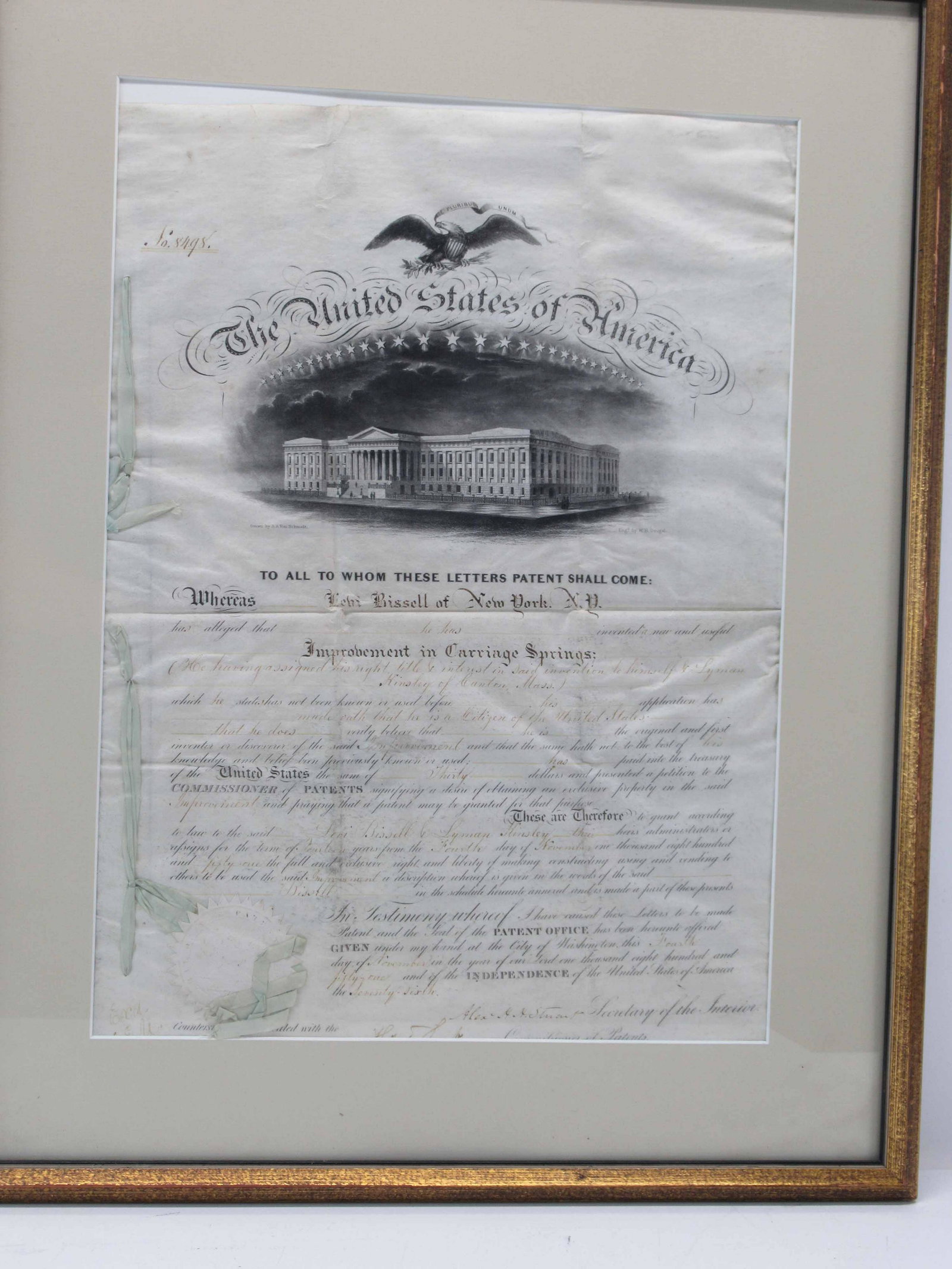 Antique Improvement of Carriage Springs Patent: Antique Framed Improvement of Carriage Springs United States Patent submitted by Liam Bissell of New York, NY dated November 4, 1851 and signed by the Secretary of Interior Alexander Hugh Holmes Stuar