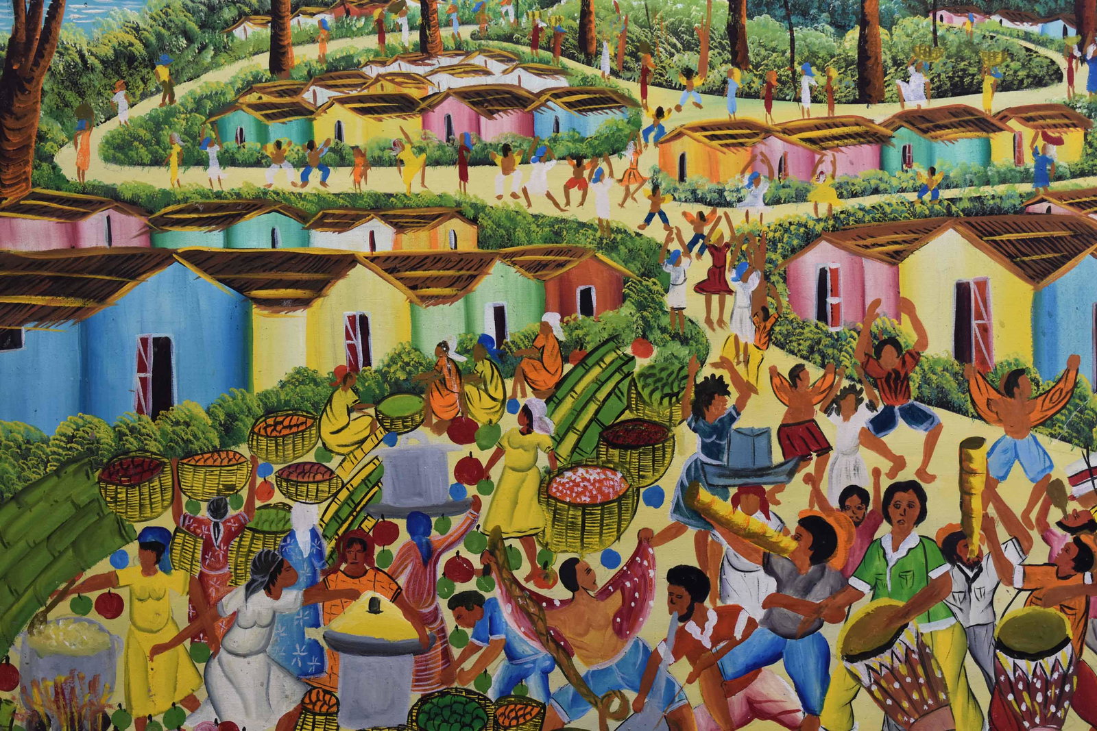 Oil on Canvas of Caribbean Village Celebration: Oil on Canvas of Caribbean Village Celebration signed illegibly lower right. Together with two Hatian oil on canvas paintings one signed Jn Louis and the other W. Bazile. Used condition wear worn scra