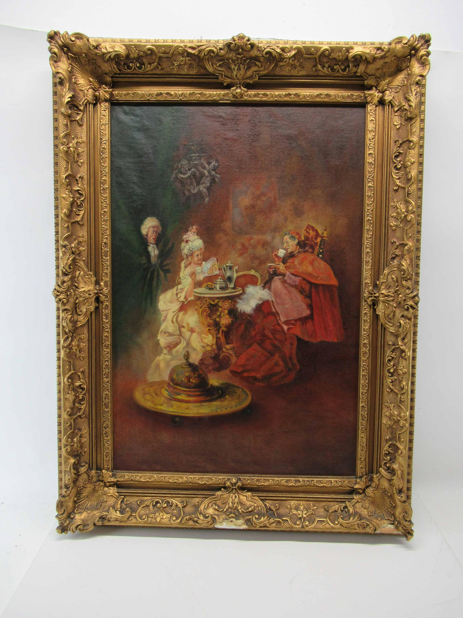 Oil on Canvas of Cardinal Having Tea with Woman: Oil on Canvas of Catholic Cardinal Having Tea with Woman. Mounted in Gilt ornate frame. Used condition, wear, worn. Framed size 35 1/4" x 26 1/4"