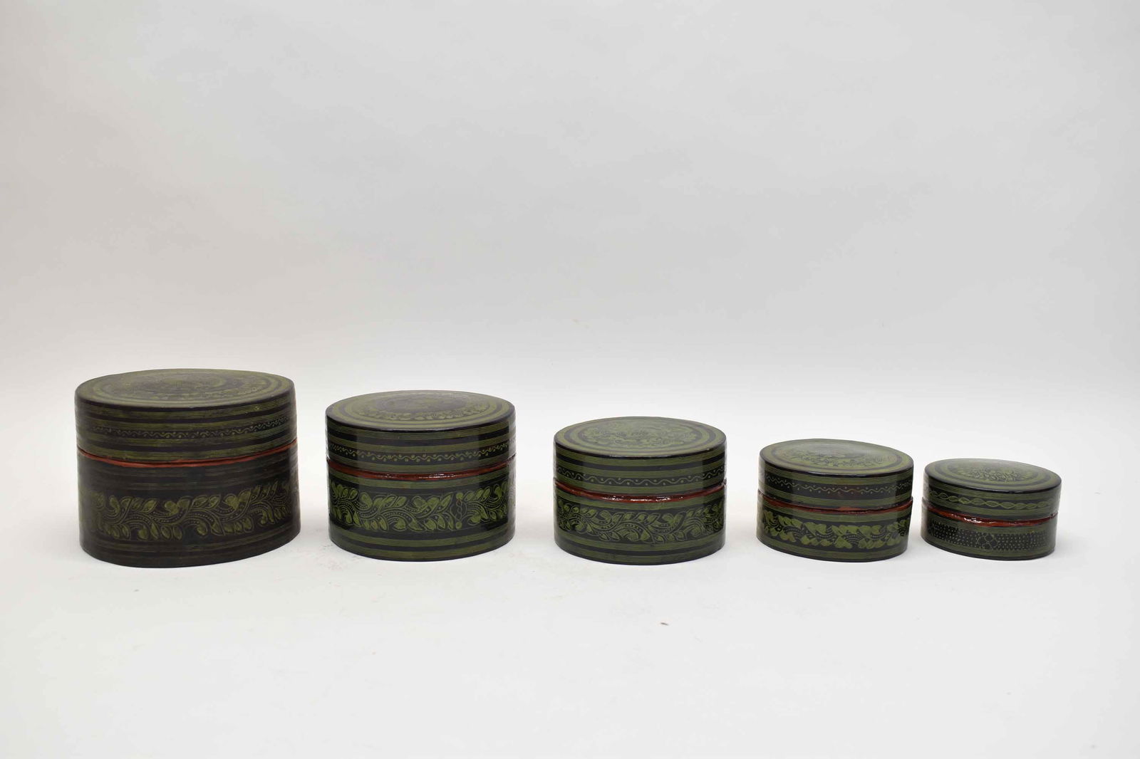 Set of Five Burmese Round Lacquer Nesting Boxes (1 of 5)