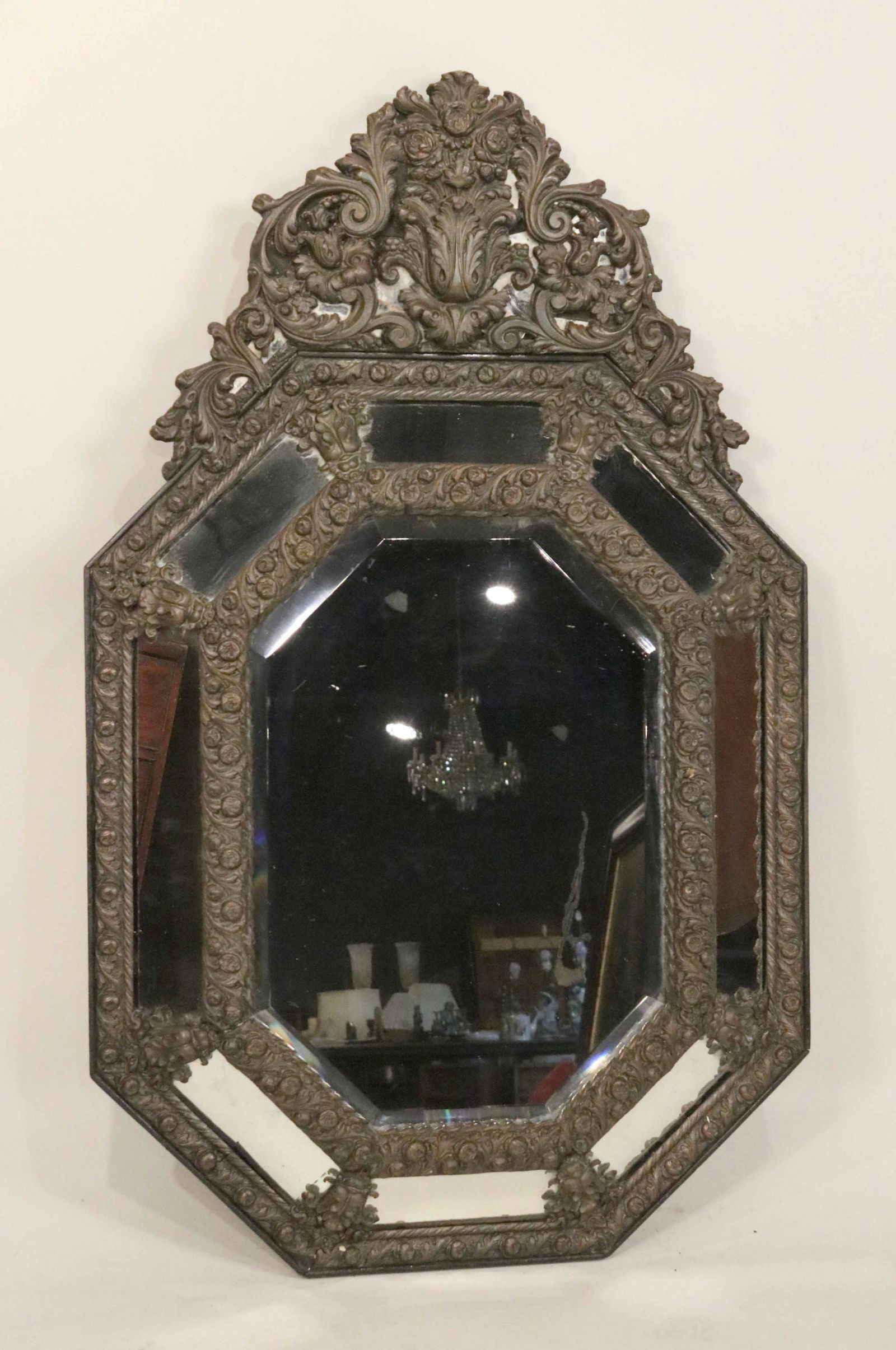 Baroque Style Patinated Metal Cushion Mirror (1 of 4)