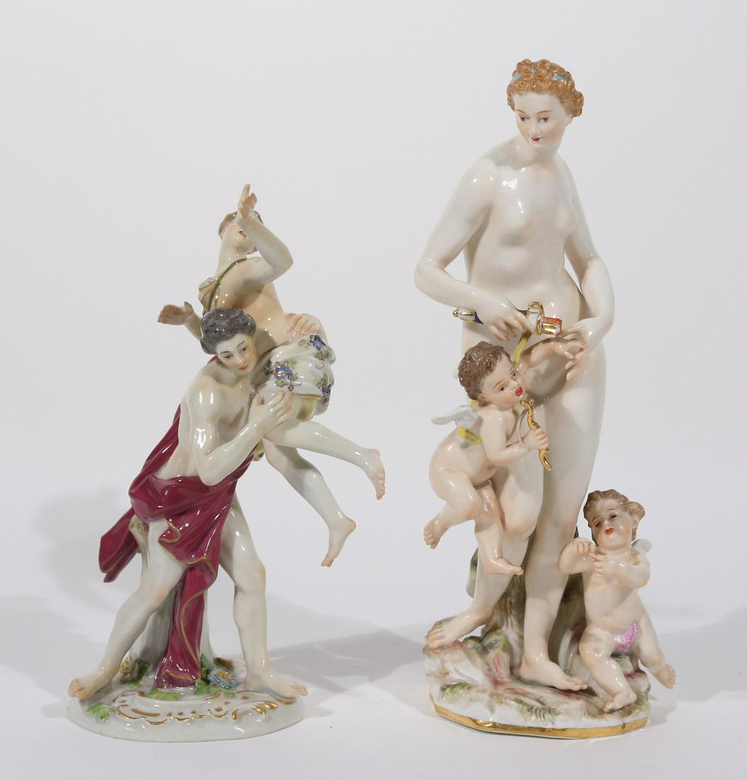 Two Meissen Figural Groups of Classical Figures: Comprising, "The Rape of Sabine" numbered 1919 and a nude woman with two cherubs, numbered A65, both marked. 8-3/4"h and 7-1/4"h