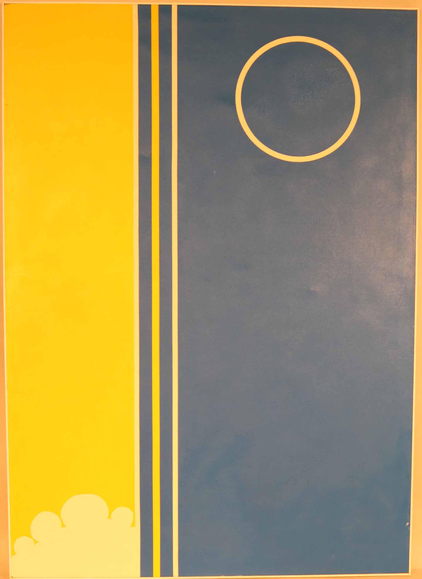Large Minimalist Acrylic on Canvas: Titled and signed illegibly verso, with bright blue field with vertical strips of yellow, blue, and white. Sight size: 7'h x 5'w Overall: 7'1"h x 5'1"w Provenance: Property from a Prominent East Coast