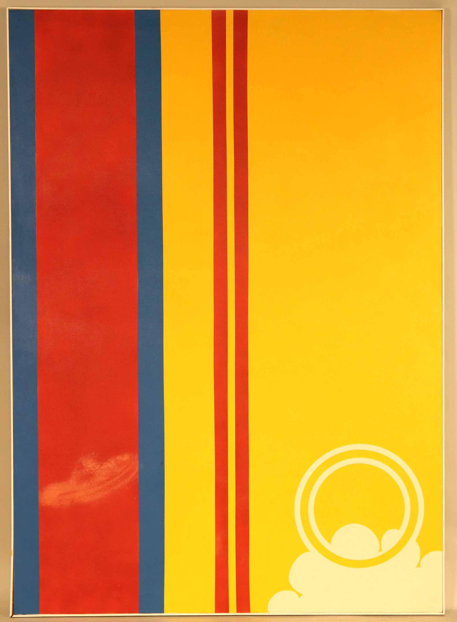 Large Minimalist Acrylic on Canvas: Titled and signed illegibly verso, with vertical lines, open double circle, and puffy cloud shape. Sight size: 7'h x 5'w" Overall: 7'1"hx 5'1"w Provenance: Property from a Prominent East Coast Collect