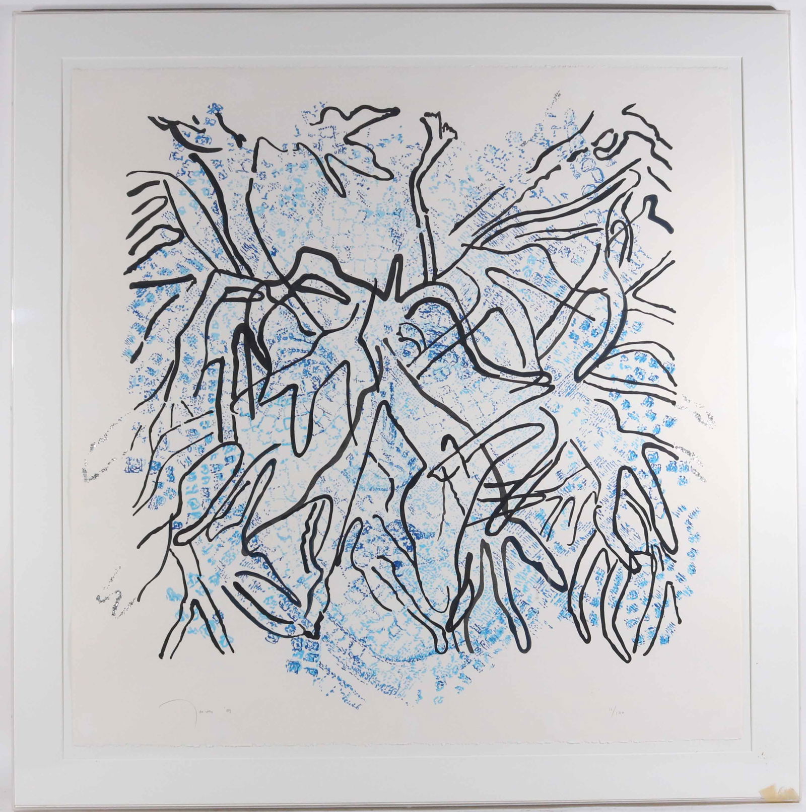 Abstract Lithograph, "Medusa" Nancy Graves: (American, b. 1939) with blue background and black figures in foreground, with applied glitter on fringes. In 1969, Graves became the first woman to receive a solo retrospective at the Whitney Museum.