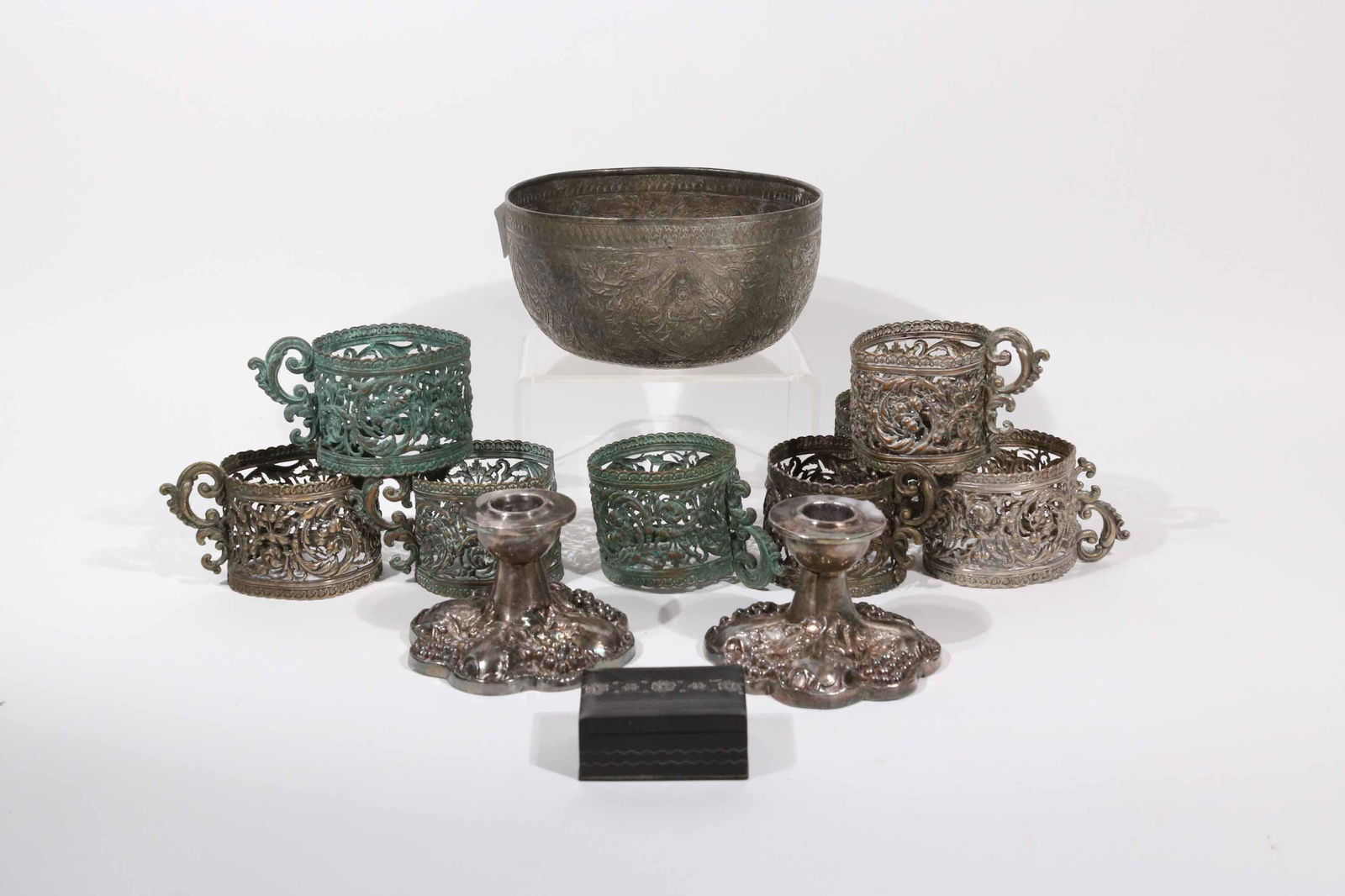 Indian Silver Bowl and Eight Mug Holders (1 of 7)