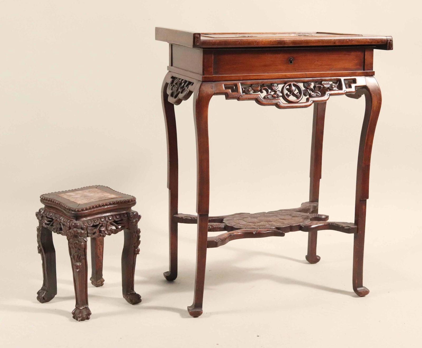 Chinese Carved and Inlaid Top Hardwood Table (1 of 13)