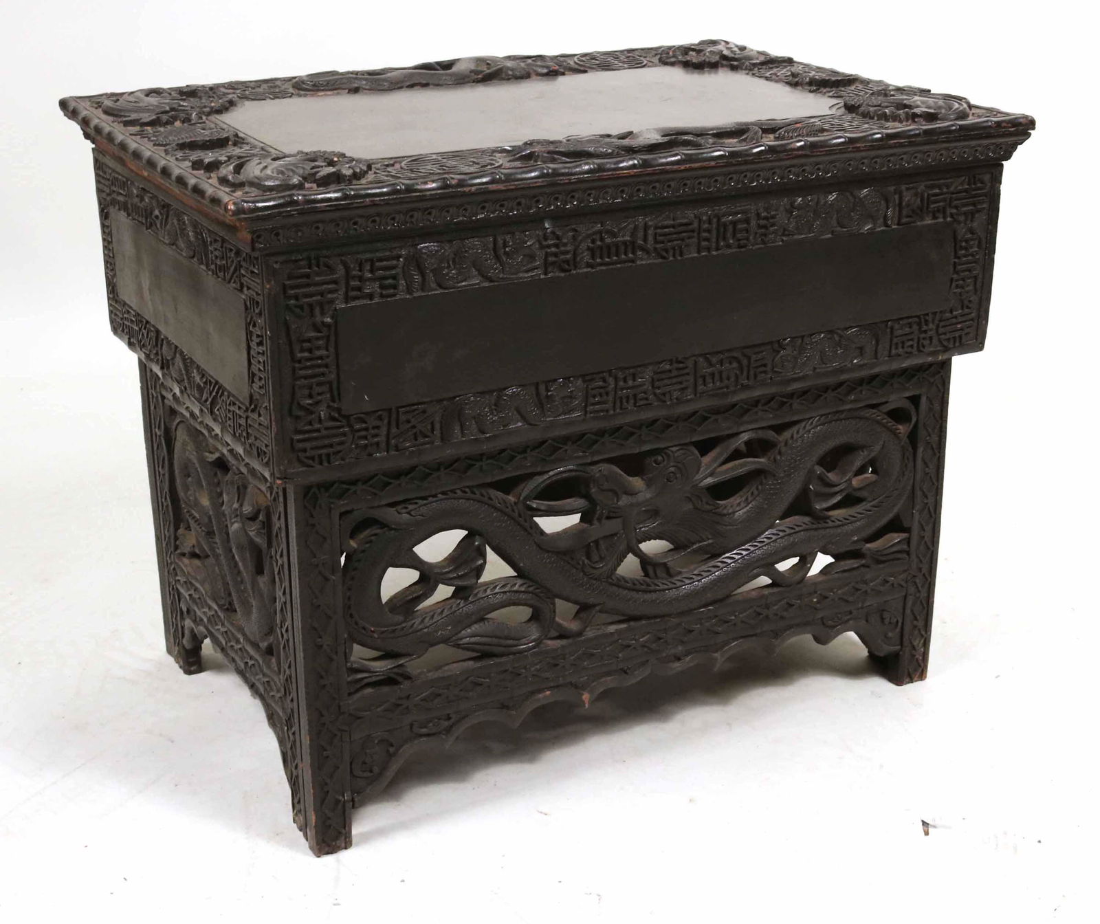 Chinese Ebonized Carved Hardwood Box on Stand (1 of 9)