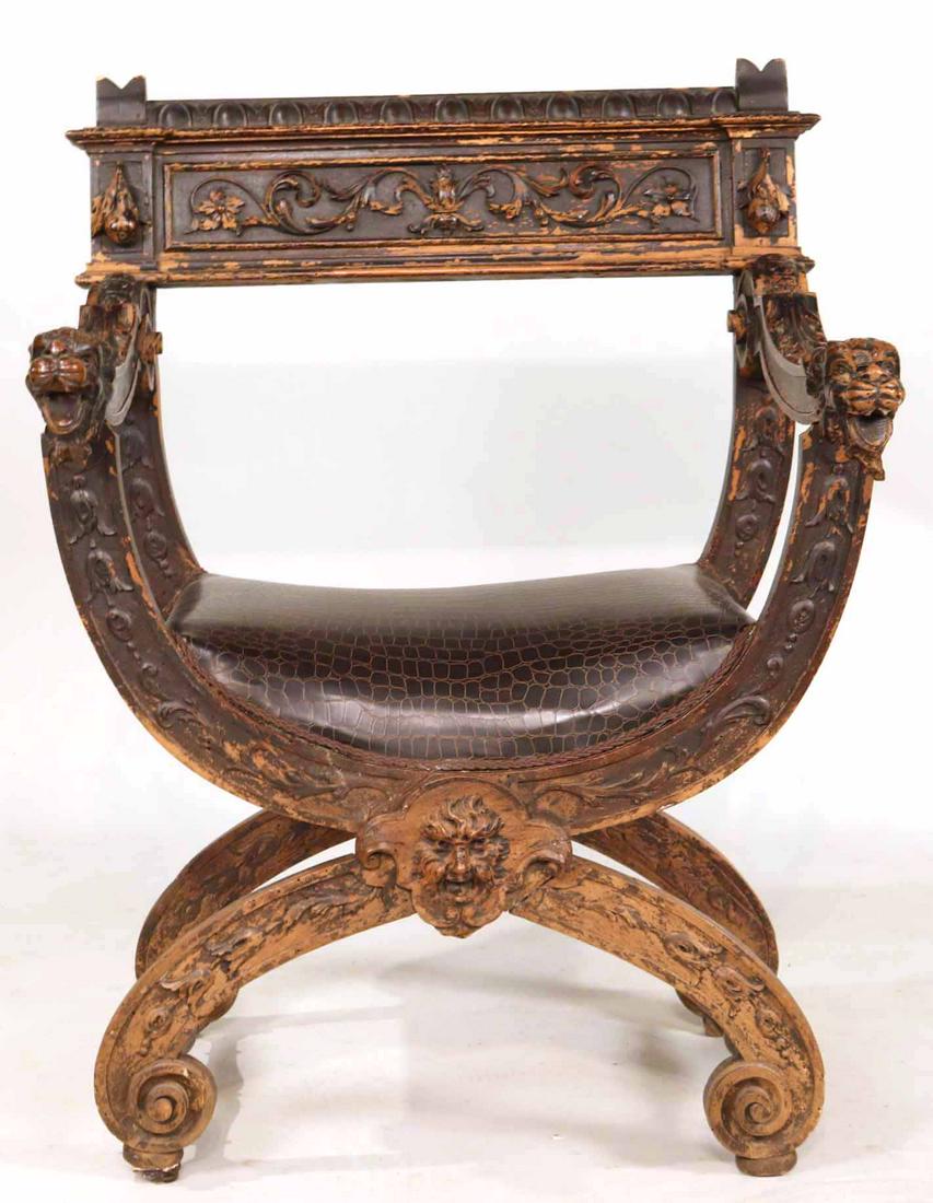 Baroque Style Carved Walnut Savonarola Chair: 18th/19th C. Losses to paint and elements, frame loose. 36-1/2"h x 27-1/4"w x 22"w