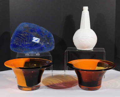 Pair of Murano "Thanksgiving" Glass Bowls: Together with an Edwin Walter signed mid-century modern glass dish and a milk glass 1939 Worlds Fair Decanter (lacking top). 4 pieces Murano bowls: 4-1/4"h x 8"dia.