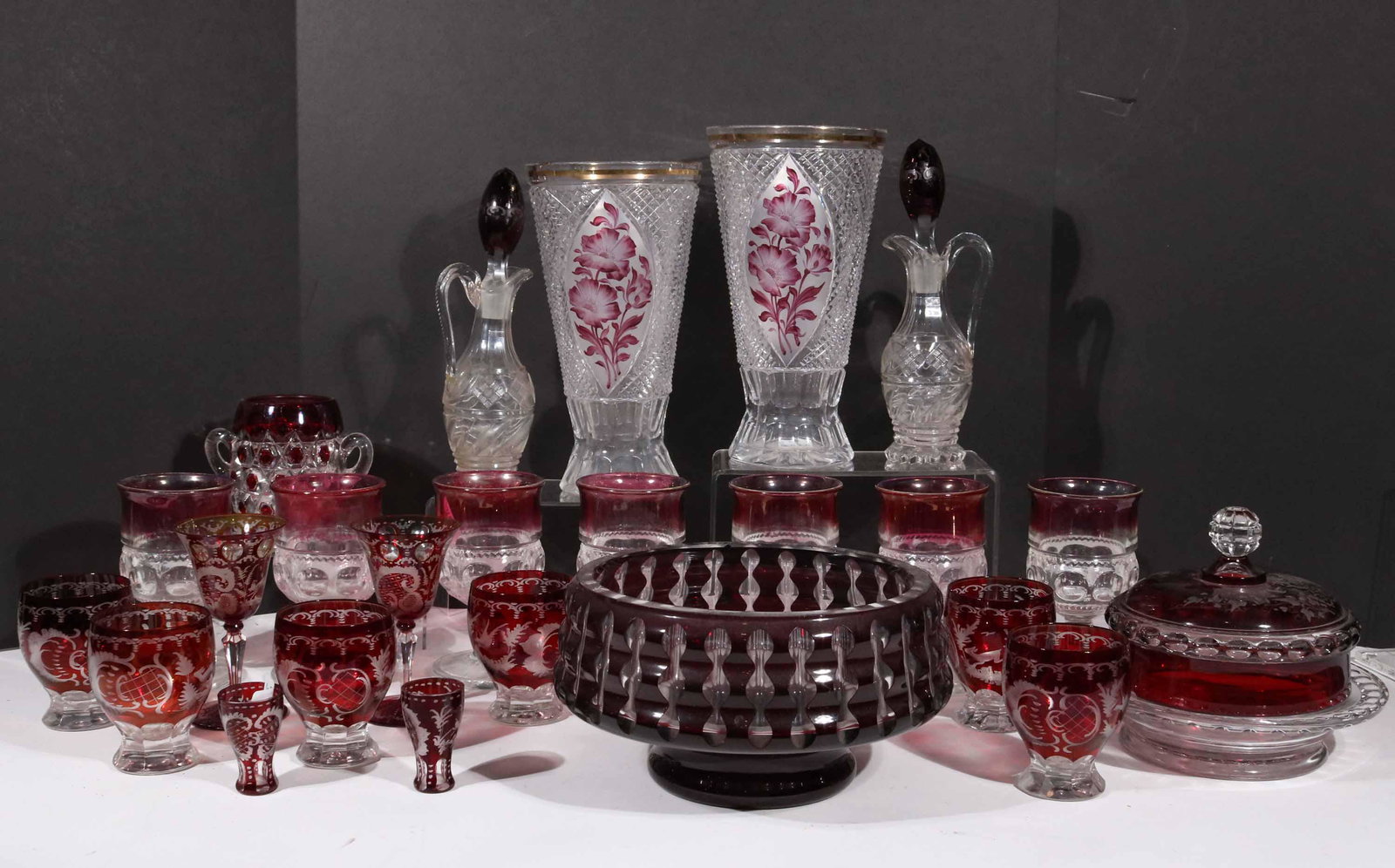 Large Group of Cranberry & Colorless Glass Items (1 of 7)