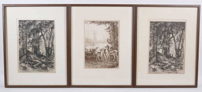 Two Mary Nimmo Moran Etchings of Forest Scenes: (American, 1842-1899) both signed l.r. Together with an etching of deer in a forest signed l.r. "J. Faganec(?)" Sight sizes: 12-1/4"h x 8-1/2"w and 10-3/4"h x 8-1/2"w Provenance: Property from the Est