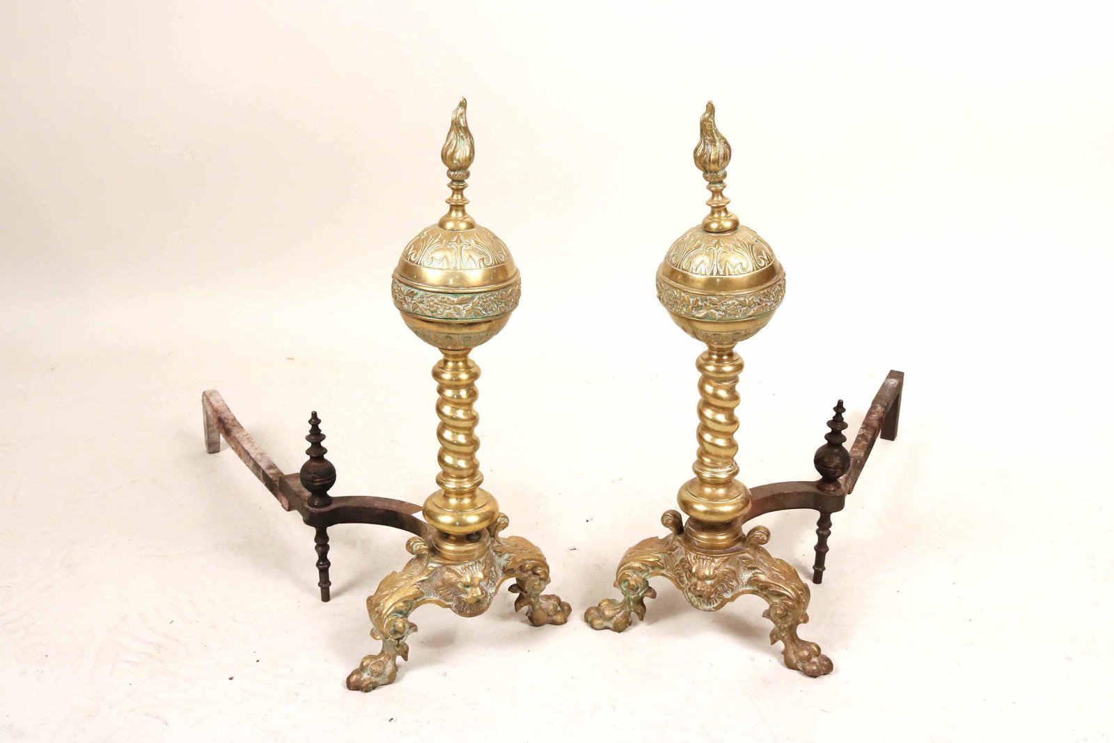 Pair of Aesthetic Movement Brass Andirons: 20th C. 23"h x 10-3/4"w x 23"d