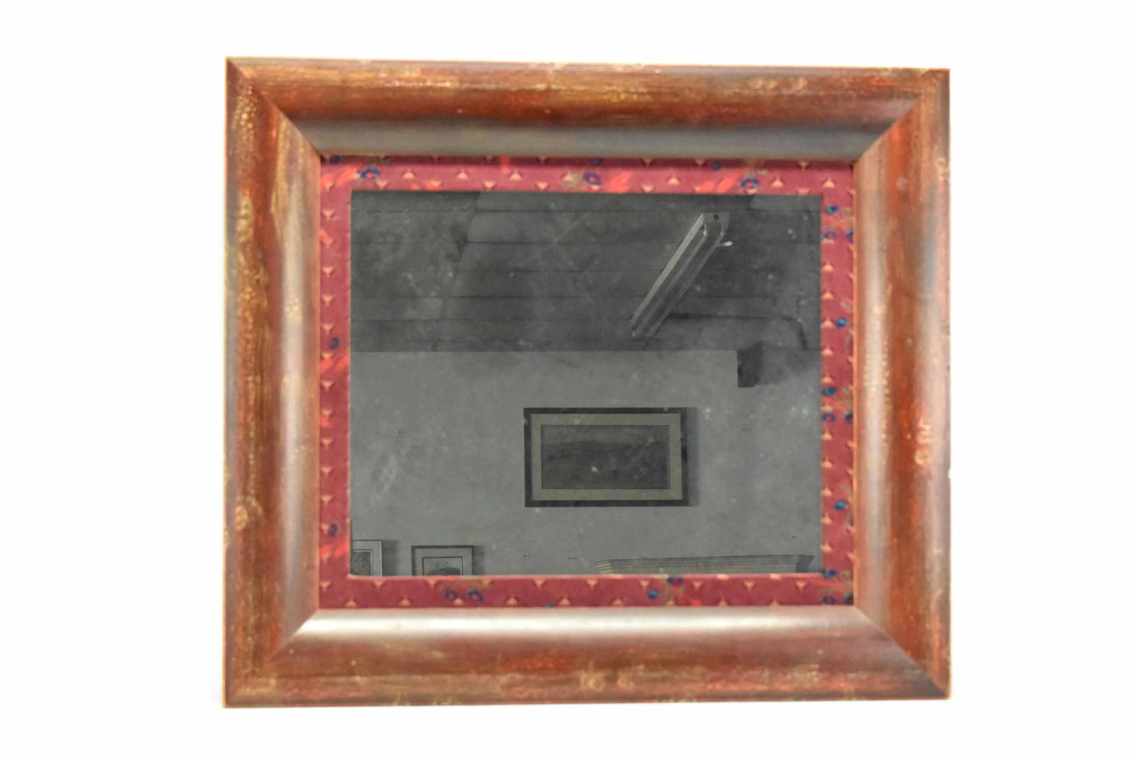 Faux Antique Finished Wall Mirror: Faux Antique Finished Wall Mirror having a floral decorated border. Used condition, wear, worn, chips. 27" x 31" x 2 1/4"
