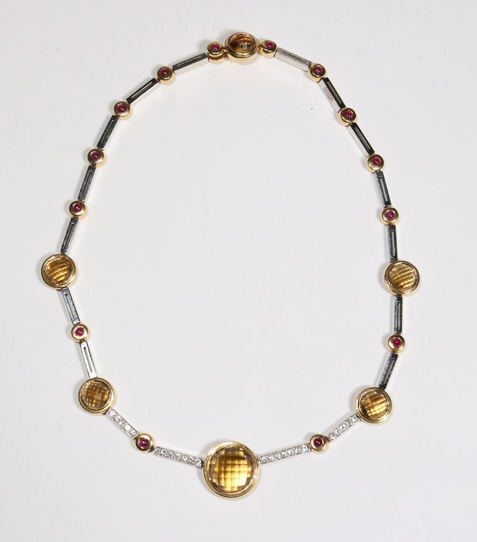 Antonini Citrine, Ruby, and Diamond Necklace: A CITRINE, RUBY AND DIAMOND NECKLACE, BY ANTONINI the round checkerboard citrine stones with bezel set cabochon rubies and diamond line accents at front, mounted in 18k yellow and white gold METAL: 18