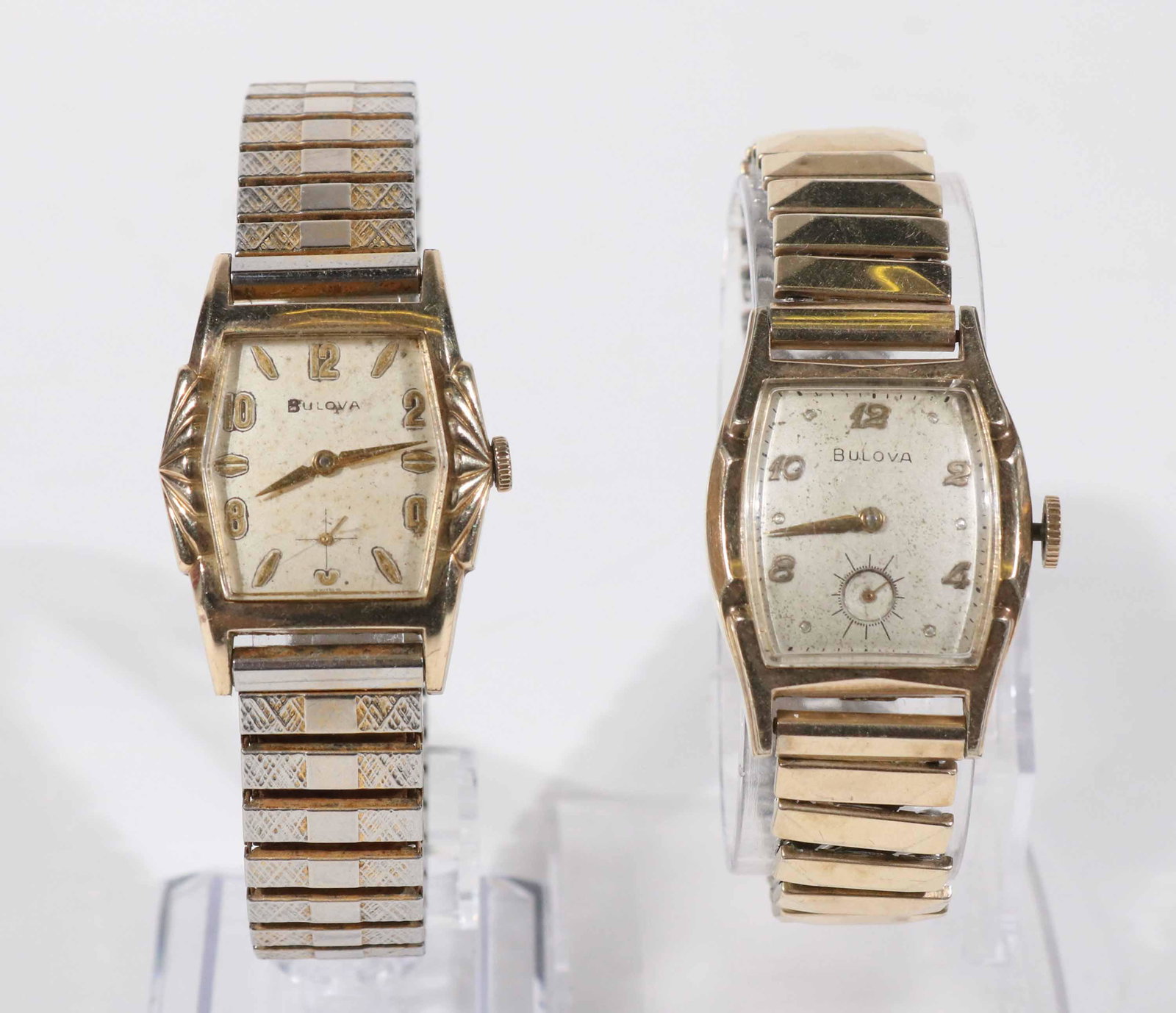 Group of 2 Bulova Manual Winding Wristwatches: Group of 2 similar Bulova Gold Plated Manual Winding Art Deco Tank Watches in good condition considering age, wear/worn/scratches, manual winding, 17 jewels, both with sub second registers, both case 