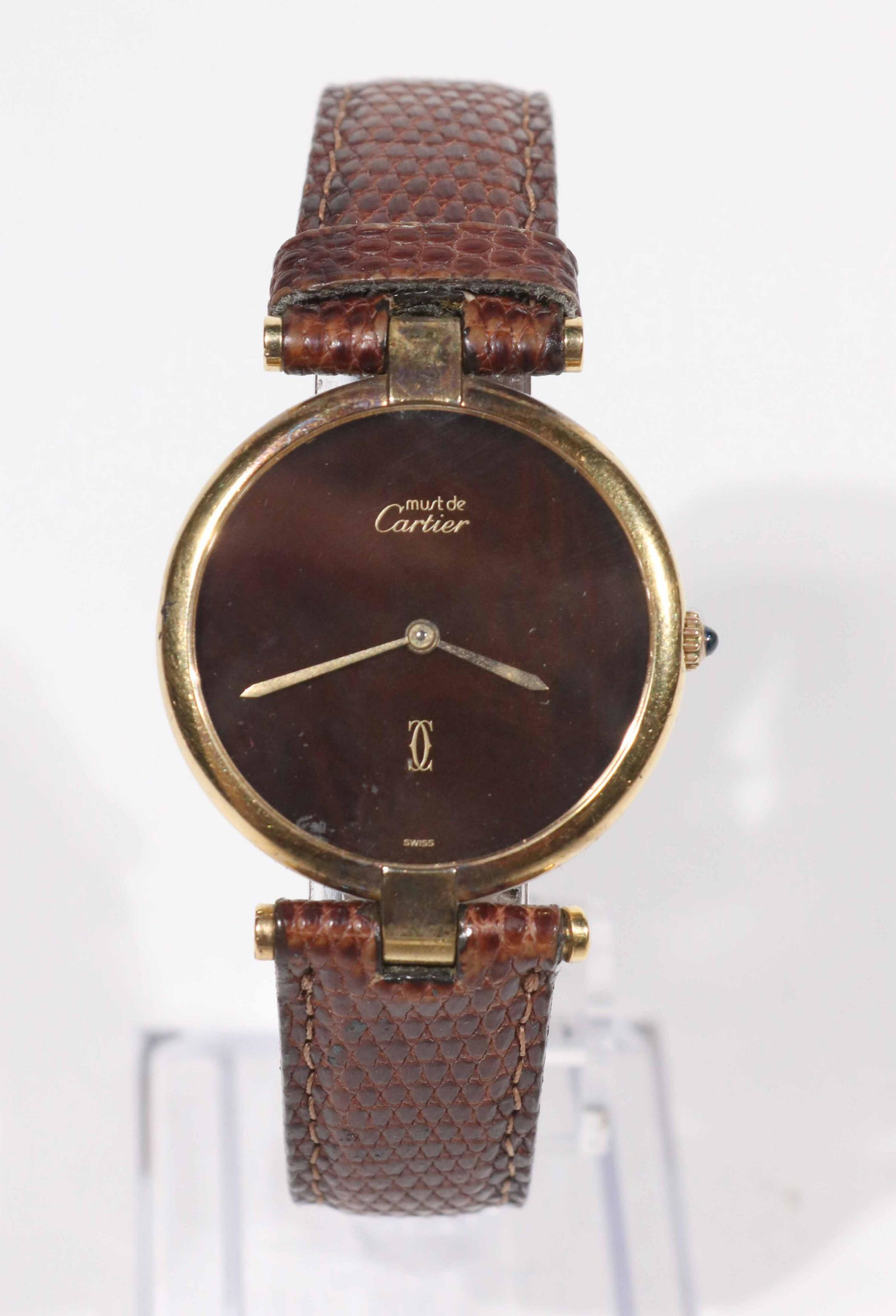 Must de Cartier 925 Solid Sterling Vermeil Watch: Must de Cartier 925 Sterling Vermeil Ladies Watch wear/worn/light scratches but in overall Good condition, case size approx. 30mm/24mm, original crown blue sapphire, quartz movement, unknown working c