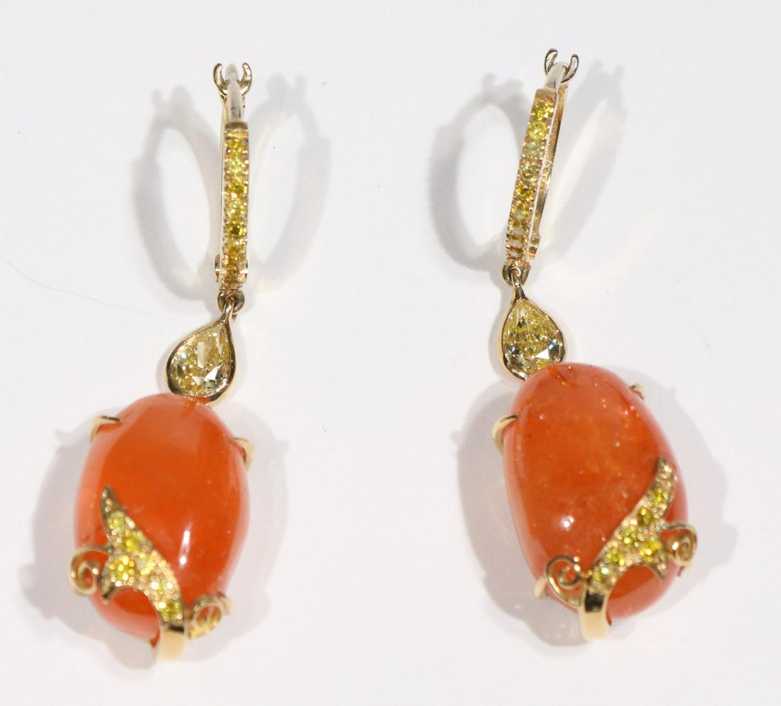 Pair of Laura Munder Mandarin Garnet Earrings: A PAIR OF MANDARIN GARNET AND YELLOW DIAMOND EARRINGS, BY LAURA MUNDER each earring with a single mandarin garnet with pear-shaped yellow diamond accent, further accented by round yellow diamonds META