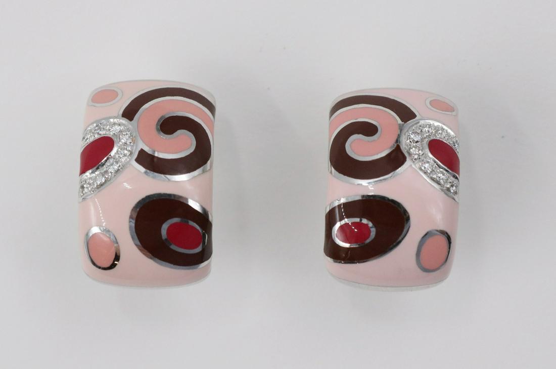 Pair of Roberto Coin Enamel Huggie Earrings: A PAIR OF ENAMEL AND PAVE DIAMOND HUGGIE EARRINGS, BY ROBERTO COIN Champleve enamel in cream, pink, and yellow with diamond pave forming a wide half hoop with omega backs, in 18k white gold METAL: 18