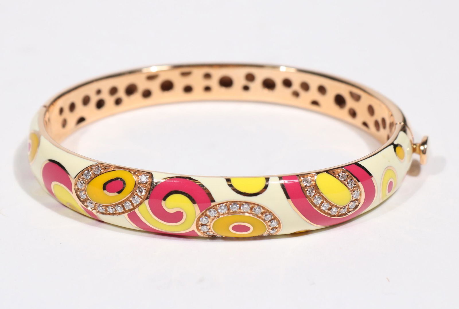 Roberto Coin Enamel & Diamonds on Hinged Bracelet: ENAMEL AND DIAMONDS ON HINGED BRACELET, BY ROBERTO COIN mounted in rose gold METAL: 18 Karat rose gold STONES: 25-50 diamonds weighing approximately 0.25 carats total SIGNATURE: Hidden collet set face