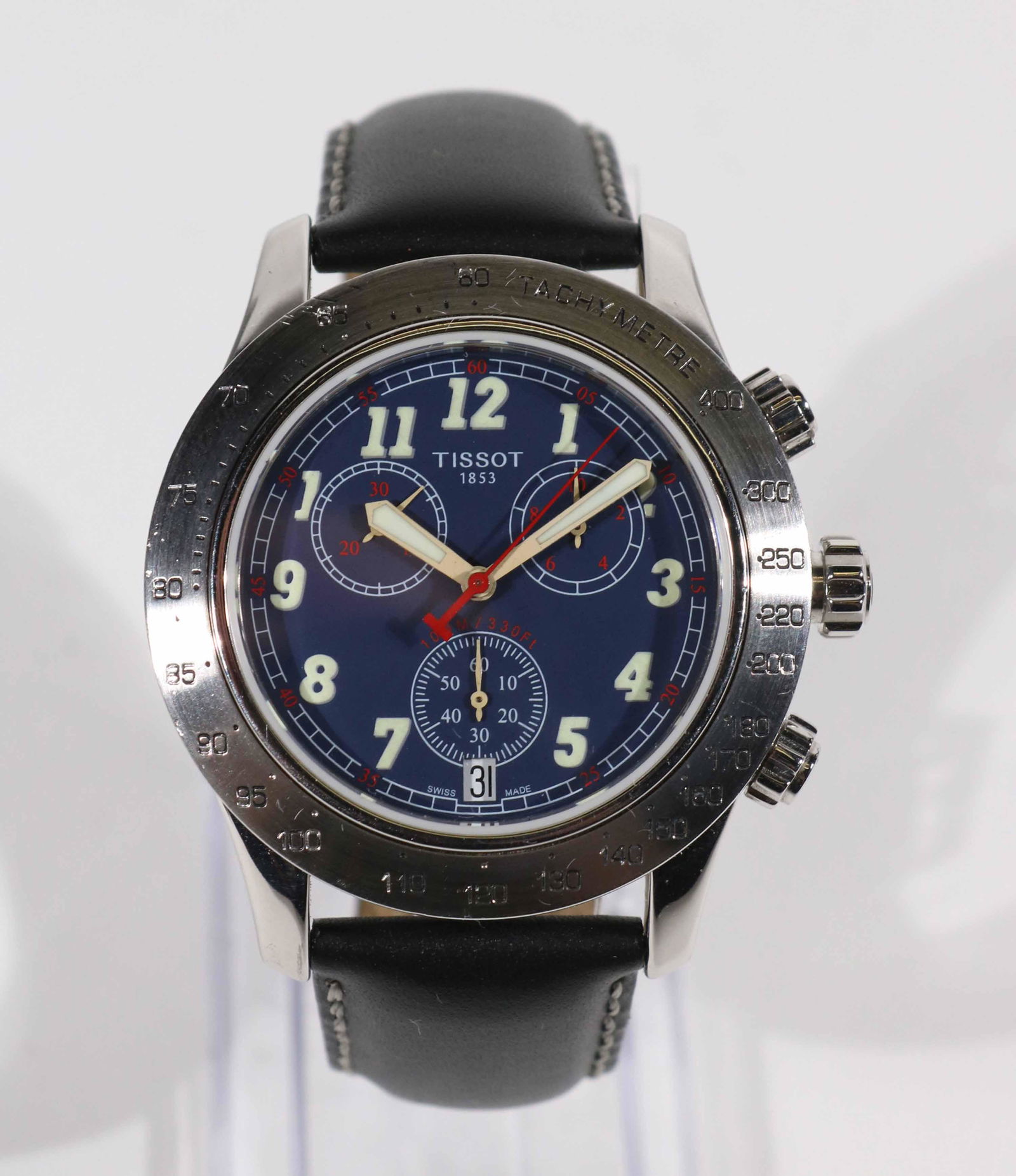 Tissot Men's Sports Chronograph Quartz Watch: Tissot men's sports chronograph quartz watch with blue dial, tachymeter bezel, and 3 subregisters. wear/worn/scratches but in overall Good condition, quartz movement, swiss made, case size approx. 43m