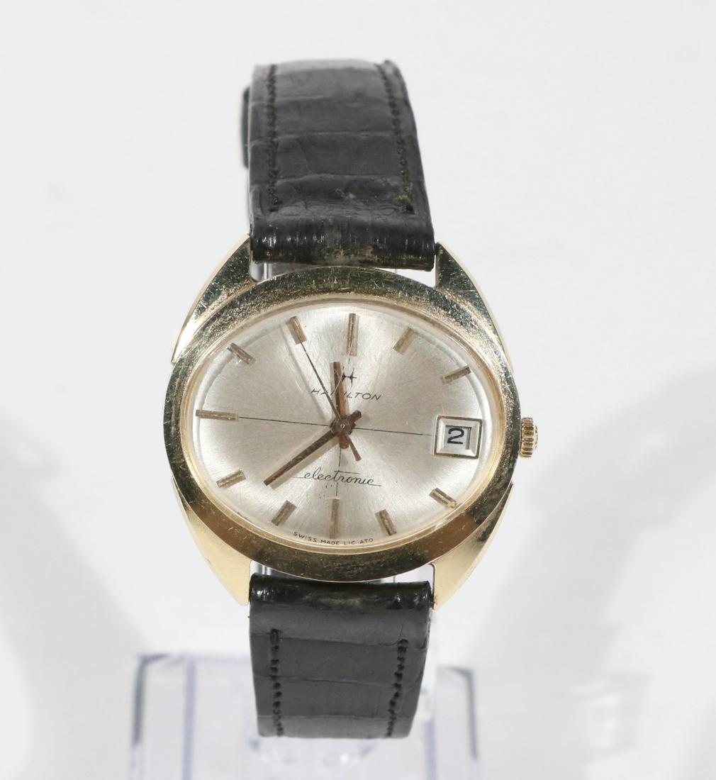 Vintage 14K Solid Gold Hamilton Electronic Watch: Vintage Hamilton 14K Gold Electronic Watch with original dial, unknown production year. wear/worn/scratches on caseback mostly due to improper case removal but otherwise in Good condition, recent batt