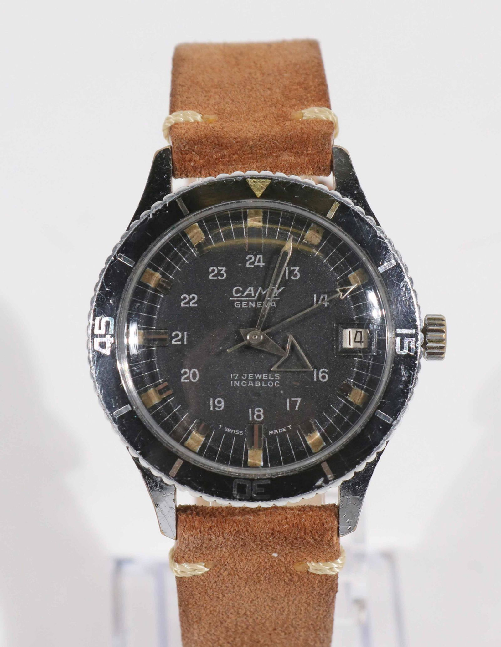 Vintage 1960: Vintage Camy Geneva men's military diver manual wind watch, circa 1960's. wear/worn/light scratches to case and crystal but in overall Good condition, mechanical hand winding movement, swiss made, tri