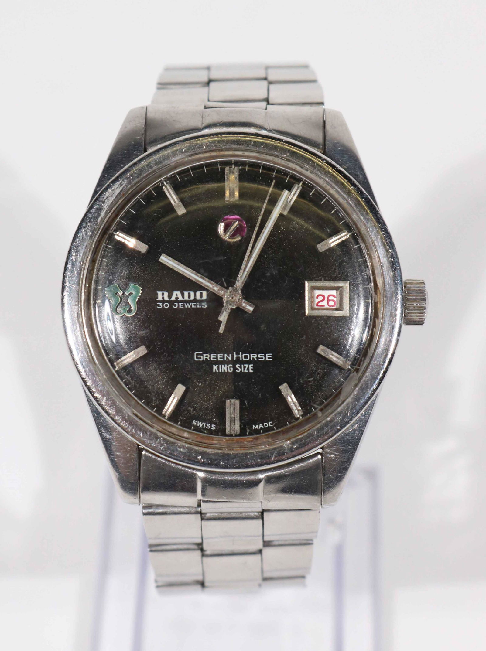 Vintage Rado Green Horse King Automatic Watch: Vintage Rado Green Horse King Size Automatic Watch with a Rado Box, unknown era. wear/worn/scratches, approx. 37mm case size, automatic movement, original black dial with date indicator, major scratch