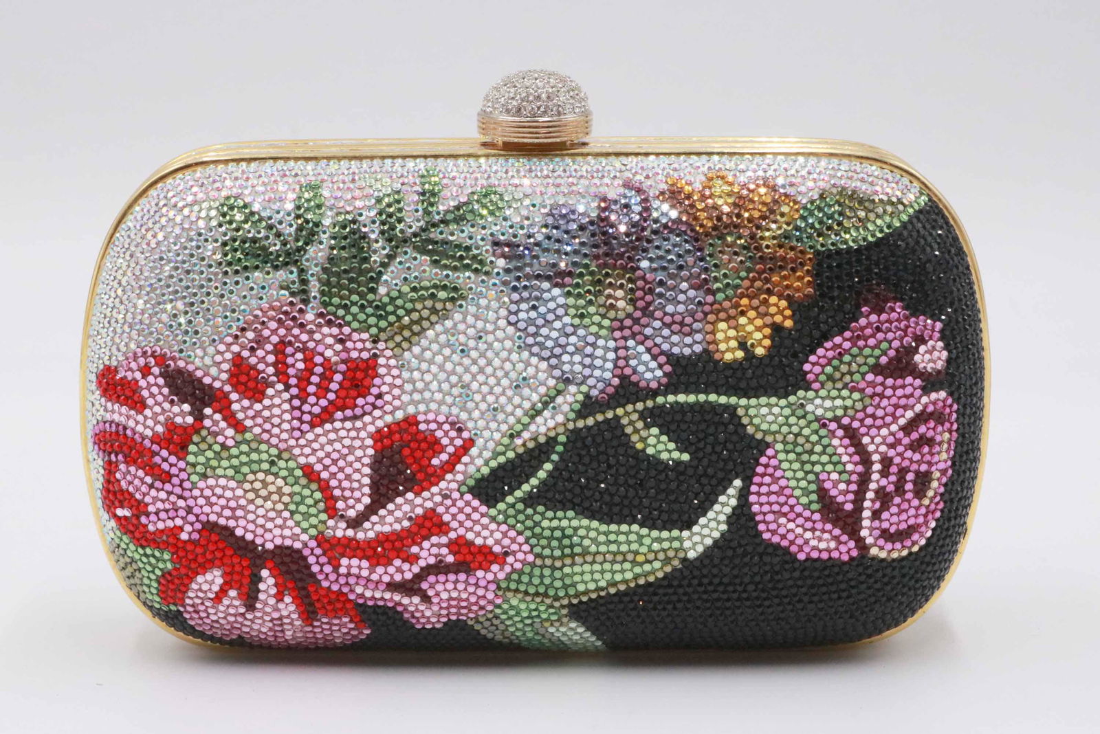Judith Leiber Beaded Crystal Minaudiere: Floral decorated with gold lame leather interior. Gold hardware with interior gold long chain strap. Clutch includes the original price tag from Nieman Marcus, blank product registry card #52907, gold