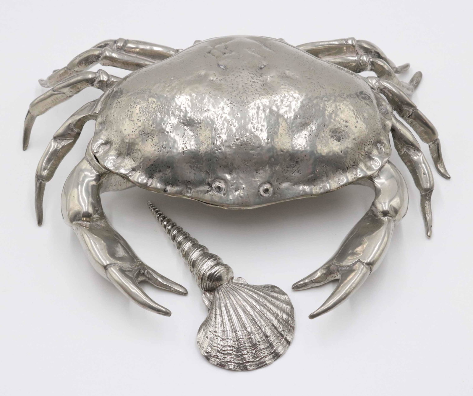 Large Cipolla Pewter Hinged Crab: 11"w Together with an unmarked metal seashell and crab decorated scoop. 6"l Property from a Short Hills, NJ and San Francisco, CA Private Collection