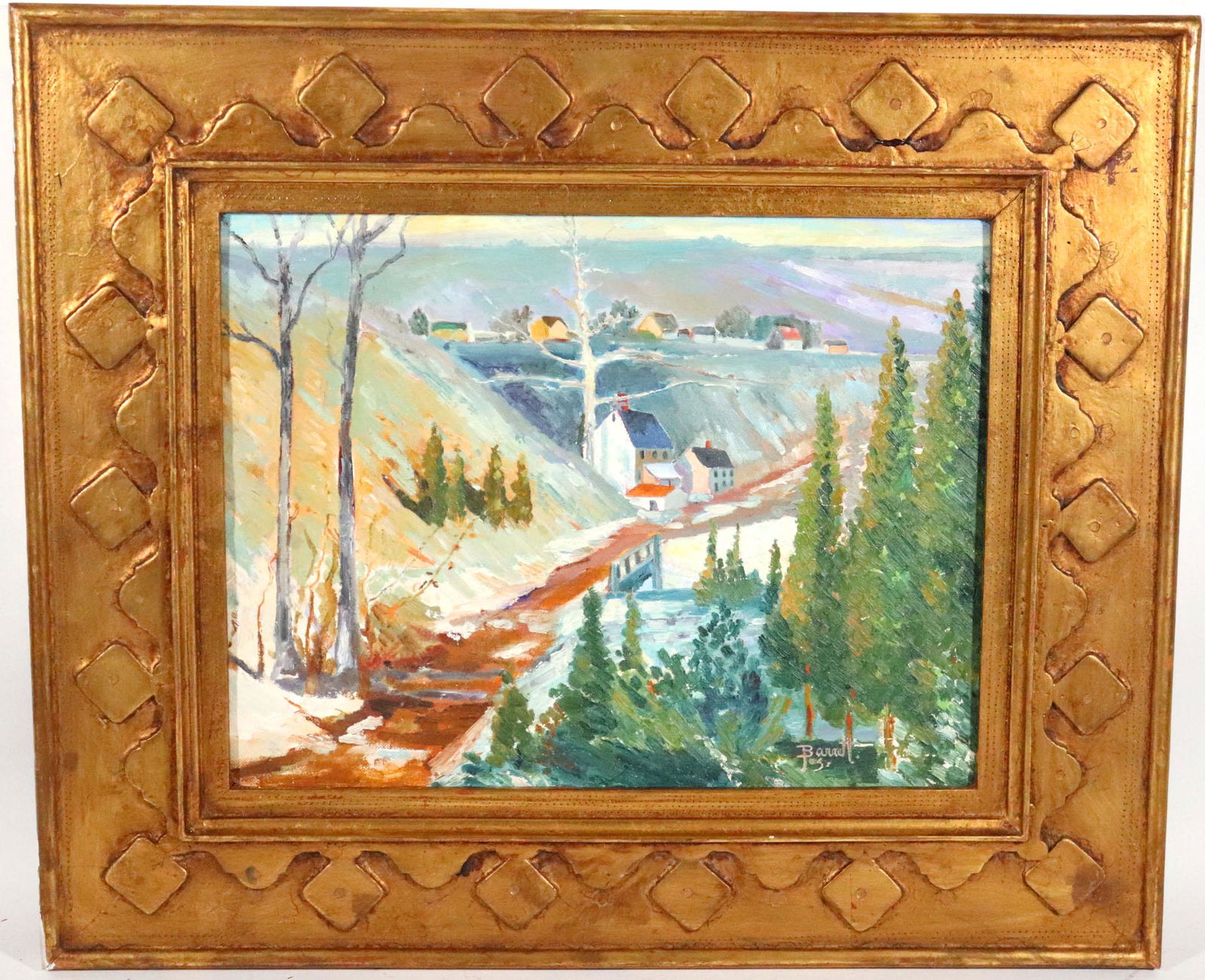 Joseph Barrett, Oil on Board, Hillside Houses: (American, b. 1936) signed l.r. Sight size: 14"h x 18"w Overall: 22-1/4"h x 26-1/4"w