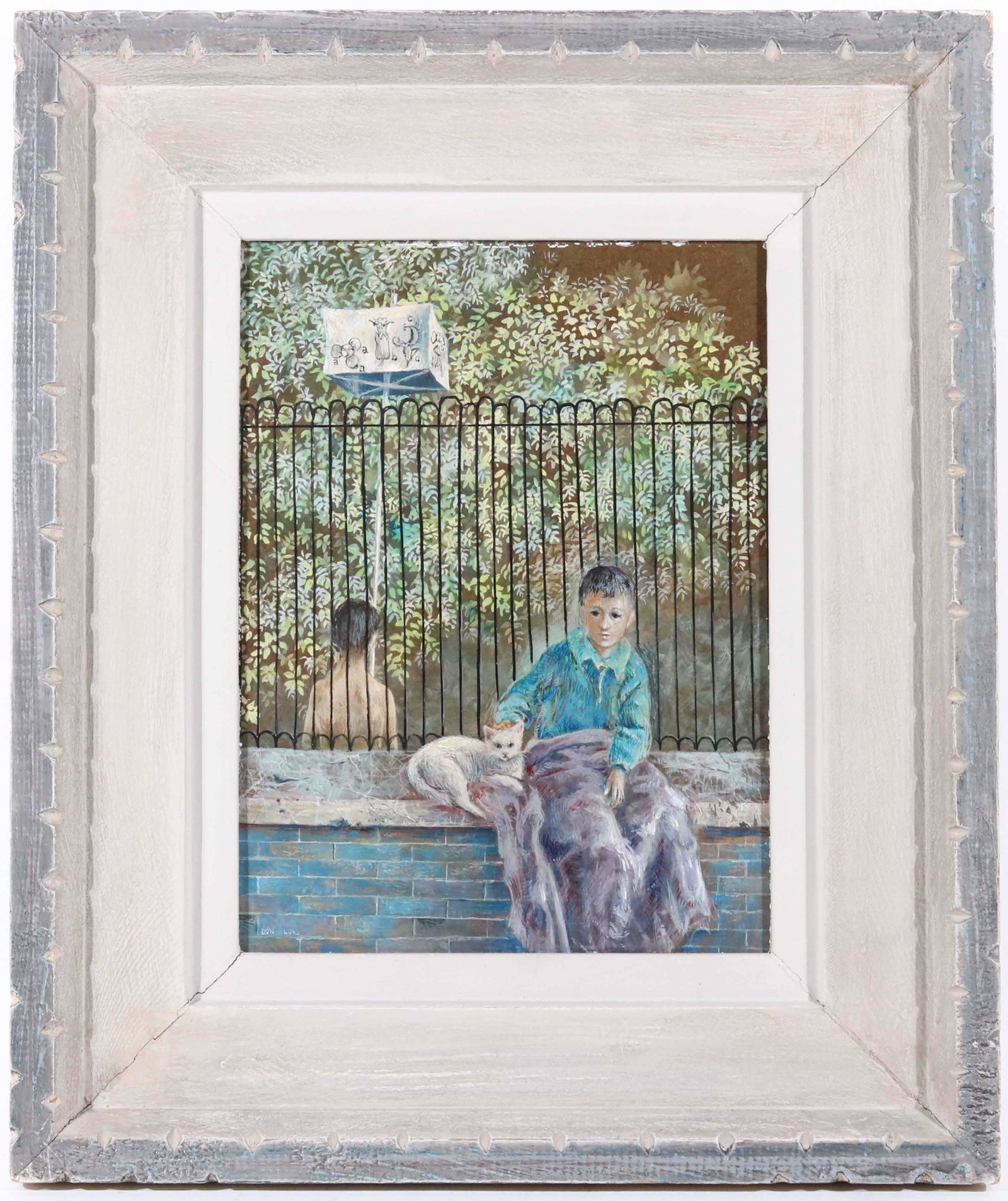 Oil on Board, Boy and Cat on Wall, Don W. Lord: (American, b. 1929) realistic painting of a boy with is cat, sitting on a garden wall. Sight size: 11-1/2"h x 8-1/2"w Overall: 18-1/2"h x 15-3/4"w Provenance: Property from a Prominent East Coast Coll