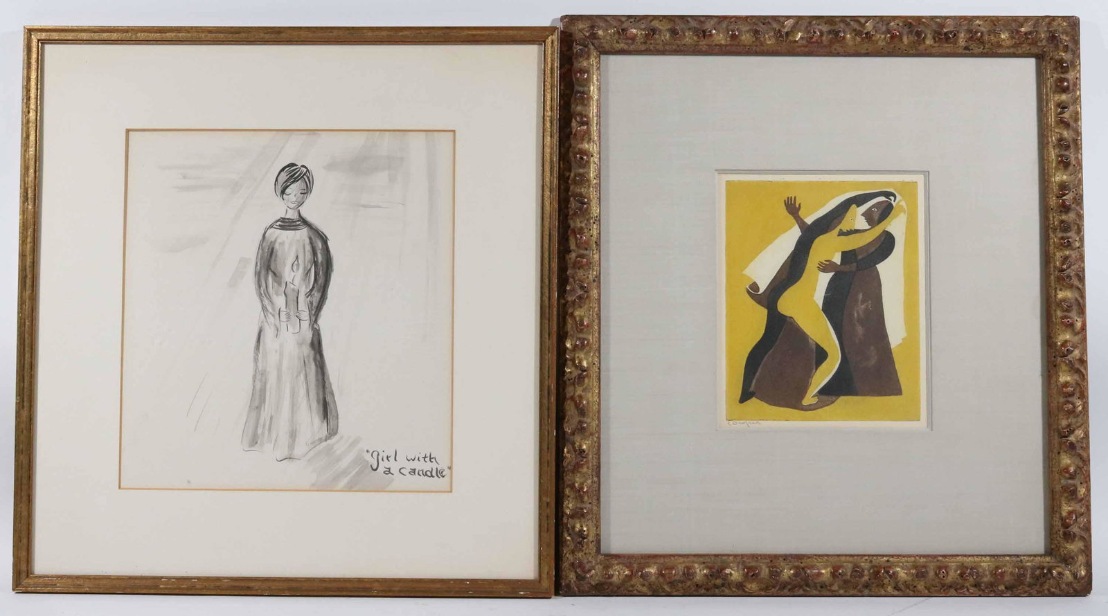 C. Orozco, Color Etching, Cubist Embracing Couple: Signed in pencil l.r., entitles "Dos Figuras". Together with a black and white watercolor on paper of a girl with a candle. Plate: 7-3/4"h x 6-1/4"w Sight size: 8-1/4"h x 6-3/4"w and 11-1/2"h x 10-1/2